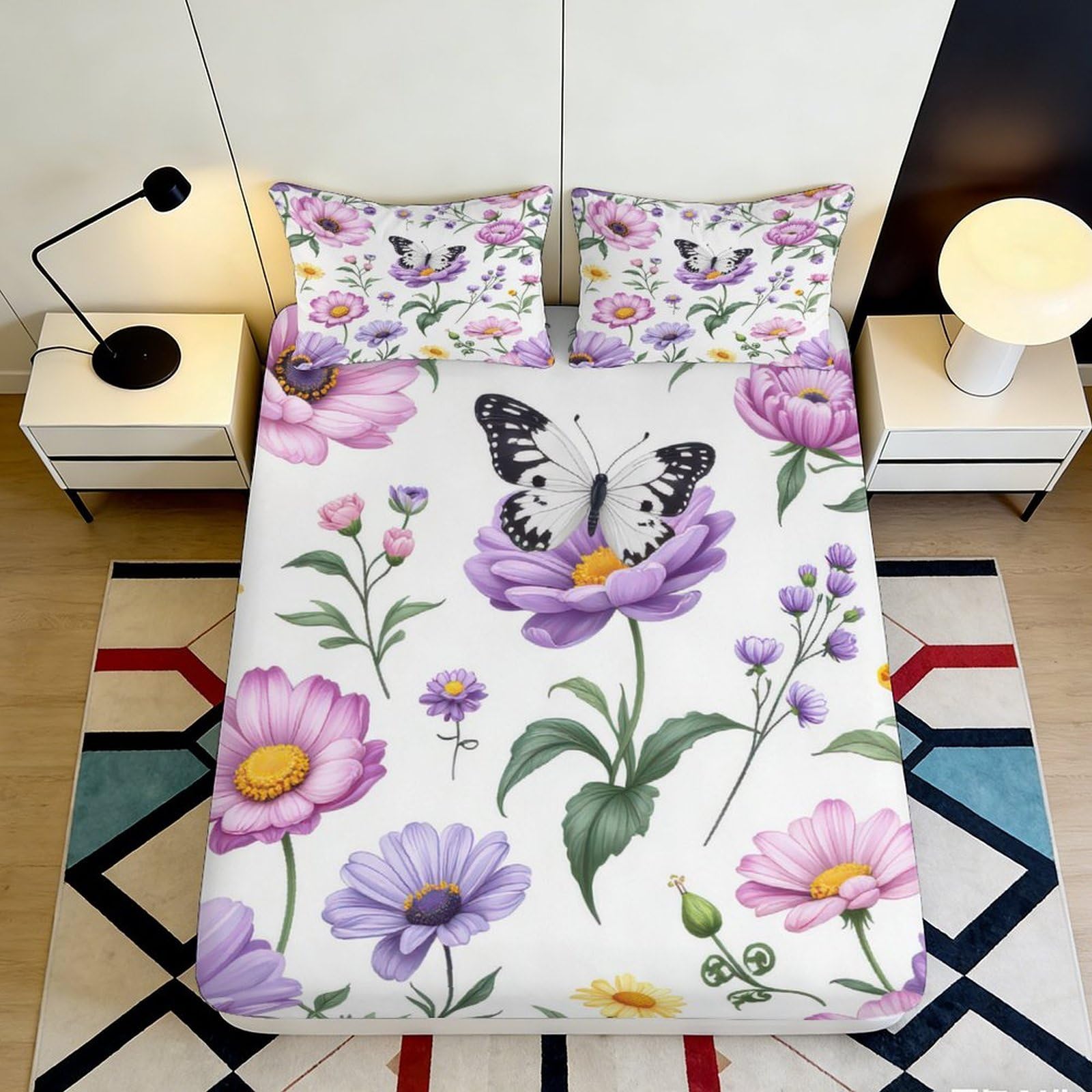 Kzqjxnhpcr Style-2 3D Printed Floral Butterfly Fitted Sheet Microfiber Deep Pocket Non-Slip Bedroom Bedding Butterfly Flowers Mattress Fitted Cover For Adults Teens 90X200x25cm 90X200x25cm