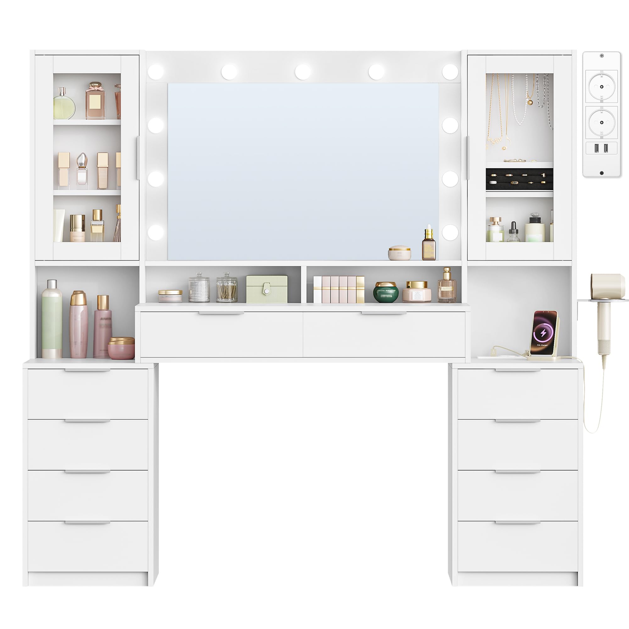 Hzuaneri 150 cm Postazione Trucco, 11 Luce LED, 3 Colori, Luminosità Regolabile, Presa di Corrente, 10 Cassettos, Deposito di gioielli, Ampia Capacità di Archiviazione, Bianco-Argento DT43703XEU
