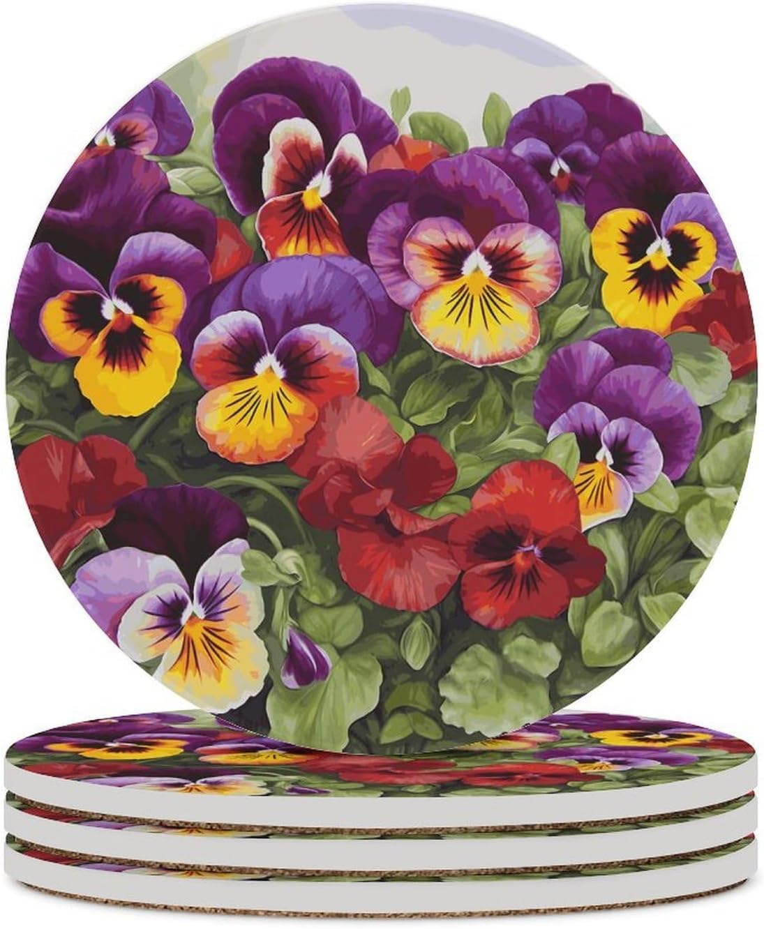 Pansy Perfection Coaster with Cork Base Drink Coasters for Coffee Table Decor Modern Cup Coasters with Non-Slip & Heat-Resistant Cute Ceramic Table Coaster for Home Dining