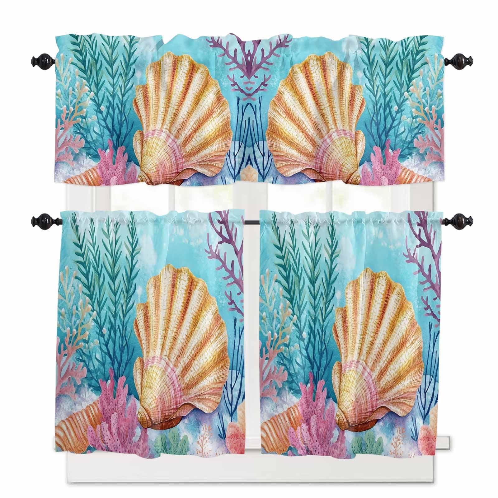 Summer Ocean Kitchen Curtains 36 Inch Length, 3 Piece Rod Pocket Small Half Tiers and Valance Set, Coastal Vintage Shell Coral Small Large Window Treatment Decor for Bedroom/Bathroom Sink