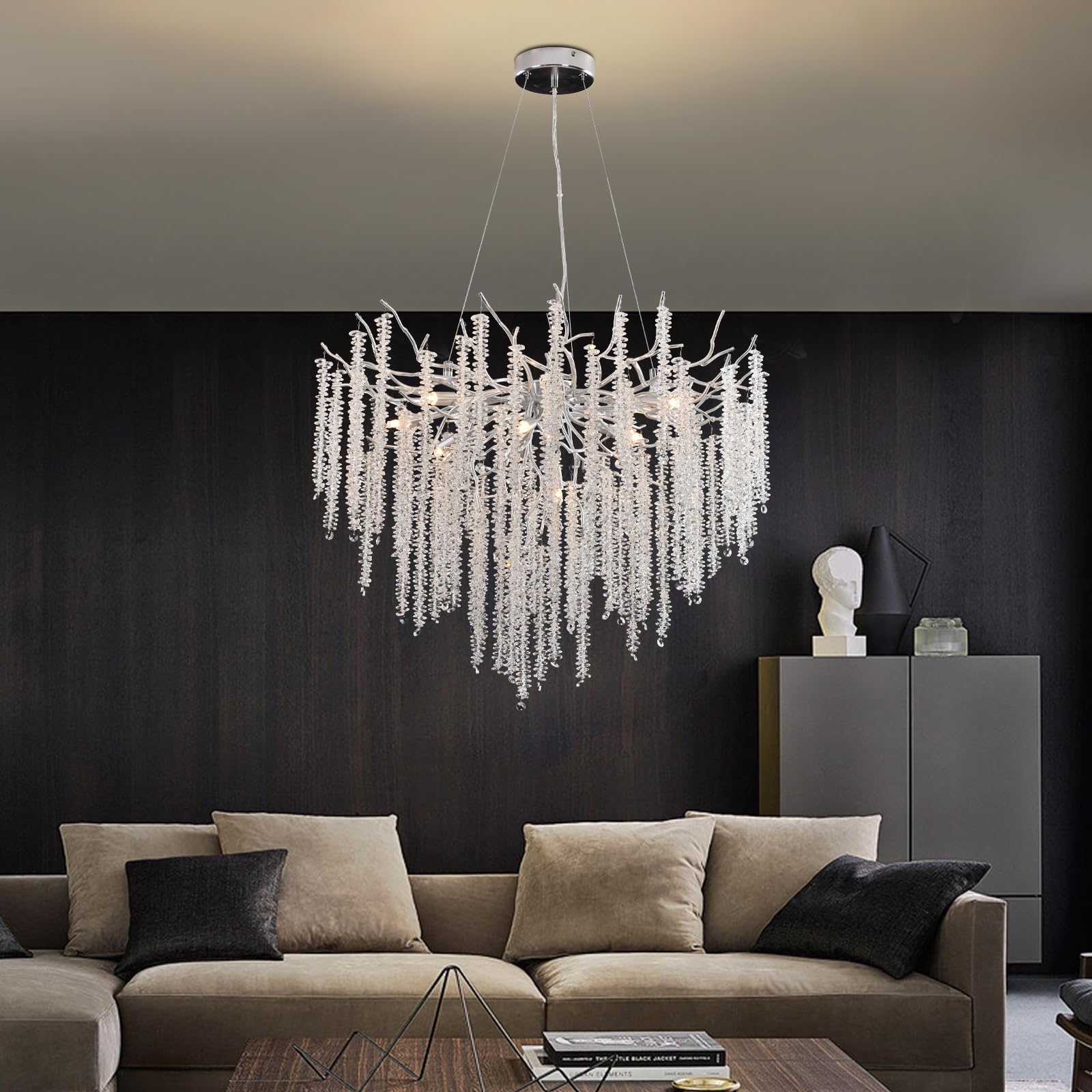 AHXIAOZN Lampadario moderno in cristallo, luci rotonde per lampadari G9, lampada a sospensione in cristallo K9, per soggiorno, sala da pranzo, ristorante (argento, 80 cm)
