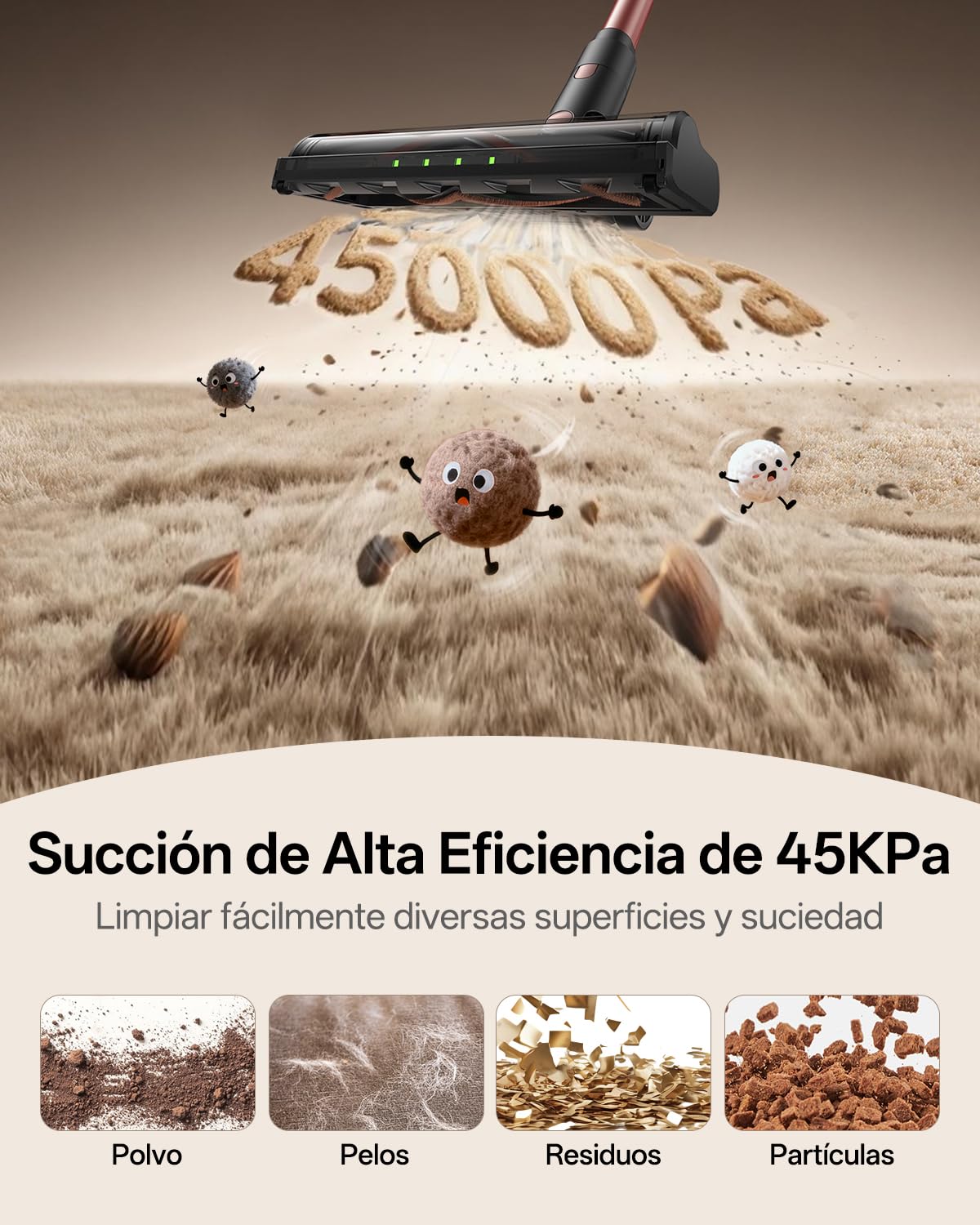 Vexilar V10Pro Aspiradora sin Cable 45KPa Potente,Aspiradora Fácil Limpieza,Autonomía 45 Min,Batería Extraíble,Accesorios Multiusos,Aspirador Escoba Ligero para Suelos/Alfombras/Coche/Pelo de Mascotas
