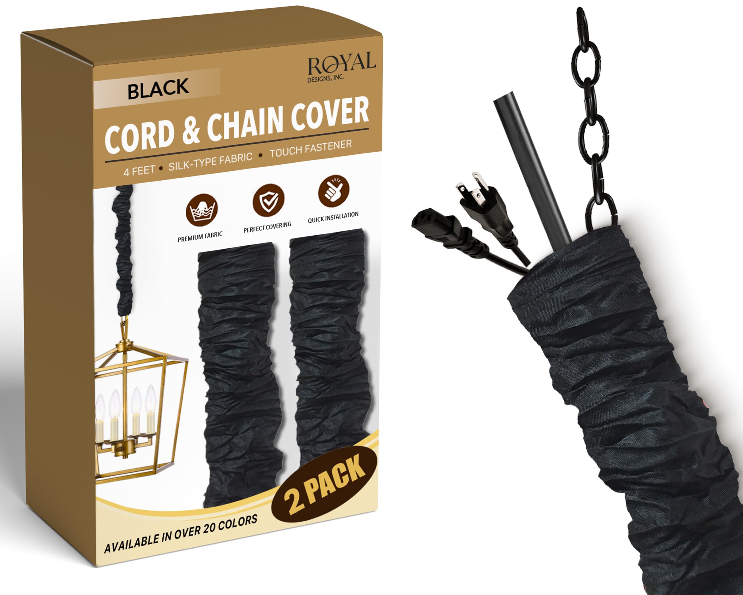 Royal Designs, Inc. Cord & Chain Cover 4 ft Silk Type Fabric, Chandelier Pendant Lighting Chain & Cable Management, Touch Fastener, Black - 2 Pack