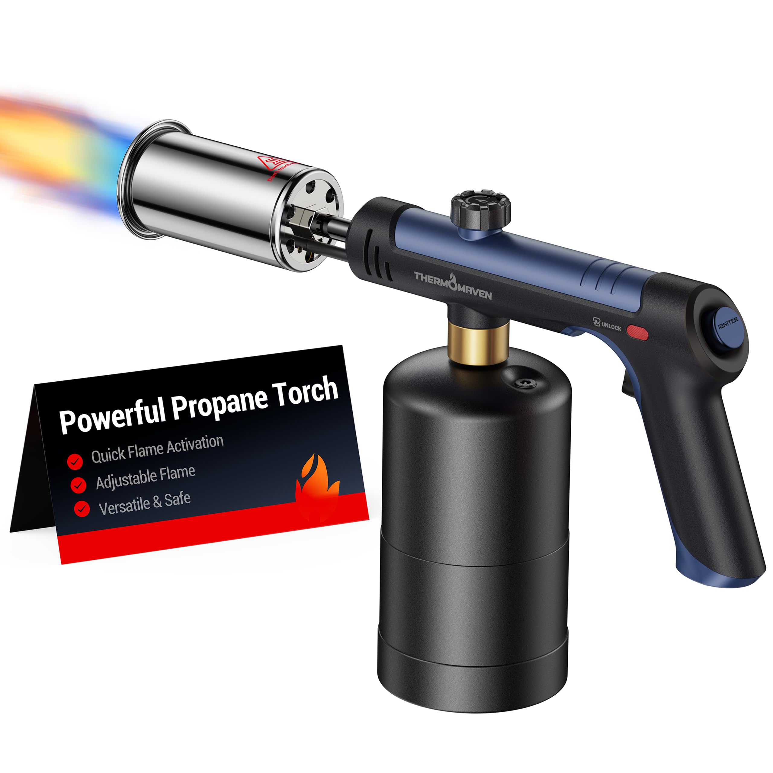 ThermoMaven Antorcha de propano con fuego máximo de un solo toque, pistola de soplete con bloqueo de seguridad, lanzallamas para encendedor de carbón, cabezal de antorcha de cocina para parrilla, Sous