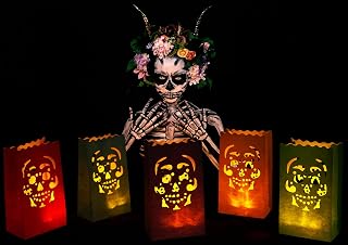 Stmarry 50 pcs Day of The Dead Luminary Bags, Halloween Luminary Bags, Flame Resistant Candle Bag Lanterns, Dia De Los Muertos Party Decorations - Paper Treat Bags