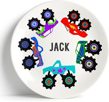 Tiny Expressions - Personalized Monster Truck Plate - Custom Name Dinnerware with Colorful Big Wheel Trucks - Fun Plastic Plates for Truck Fans