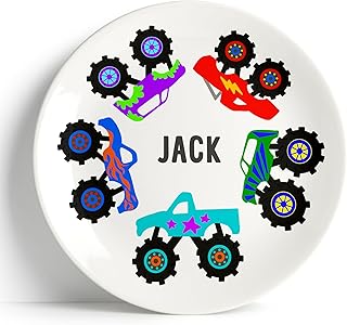 Tiny Expressions - Personalized Monster Truck Plate - Custom Name Dinnerware with Colorful Big Wheel Trucks - Fun Plastic Plates for Truck Fans