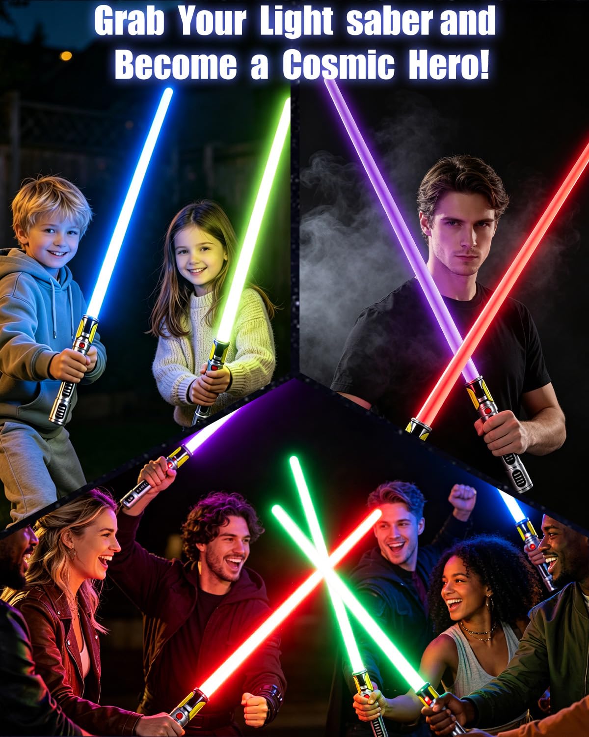 Lot de 4 sabres lumineux à DEL extensibles avec son FX (sensible au mouvement), 7 couleurs, jouet d'épée de combat galaxie pour enfants, cadeau d'Halloween, de Noël ou d'anniversaire