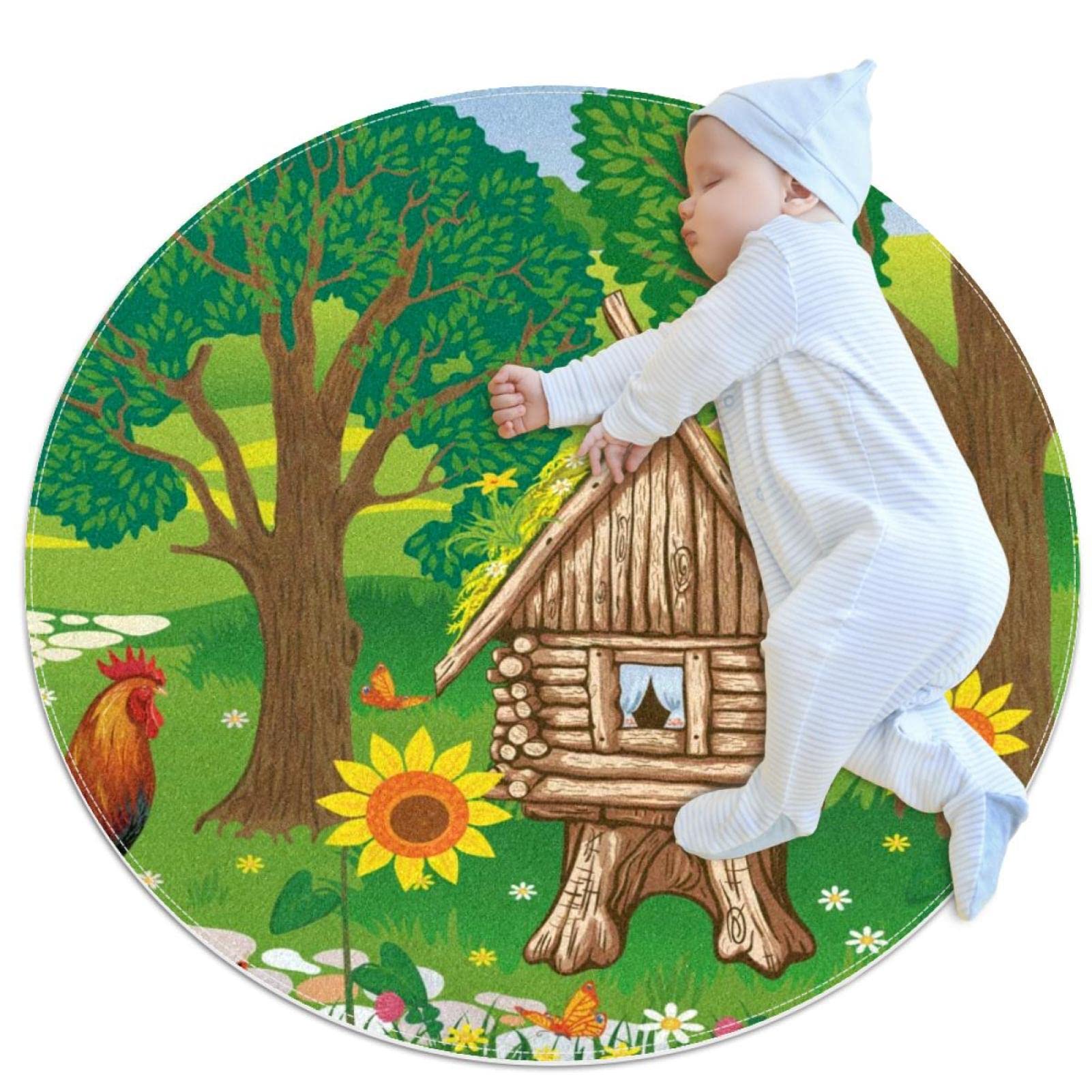 Tapis rond coq et tournesols 100x100cm JDEZ pour chambre et salon