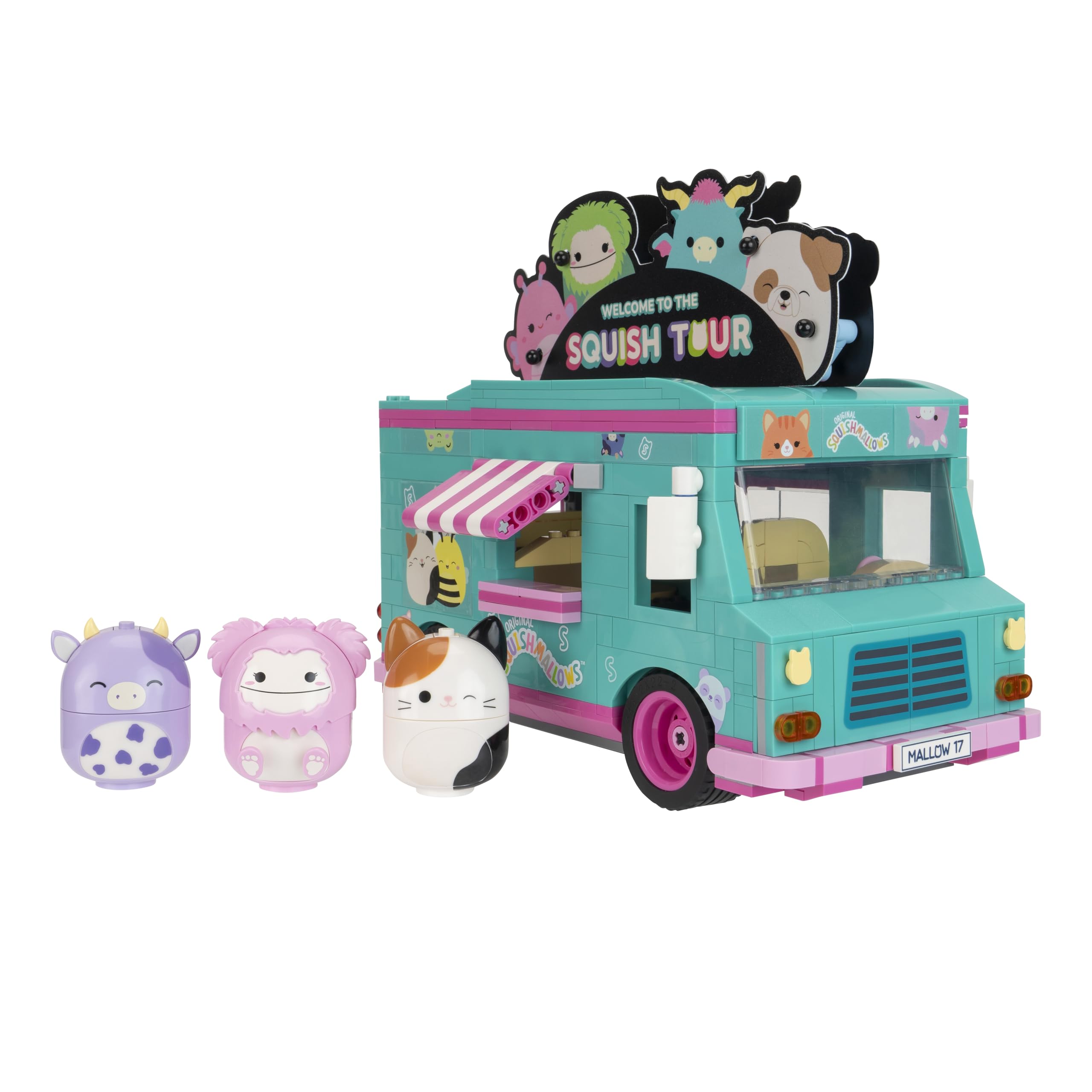 Zestaw do budowania Squishmallows Squish Tour Van – Cam The Cat, Bubba The Cow i Brina The Bigfoot figurki do budowania – dla fanów Squishmallows 8+, 0098