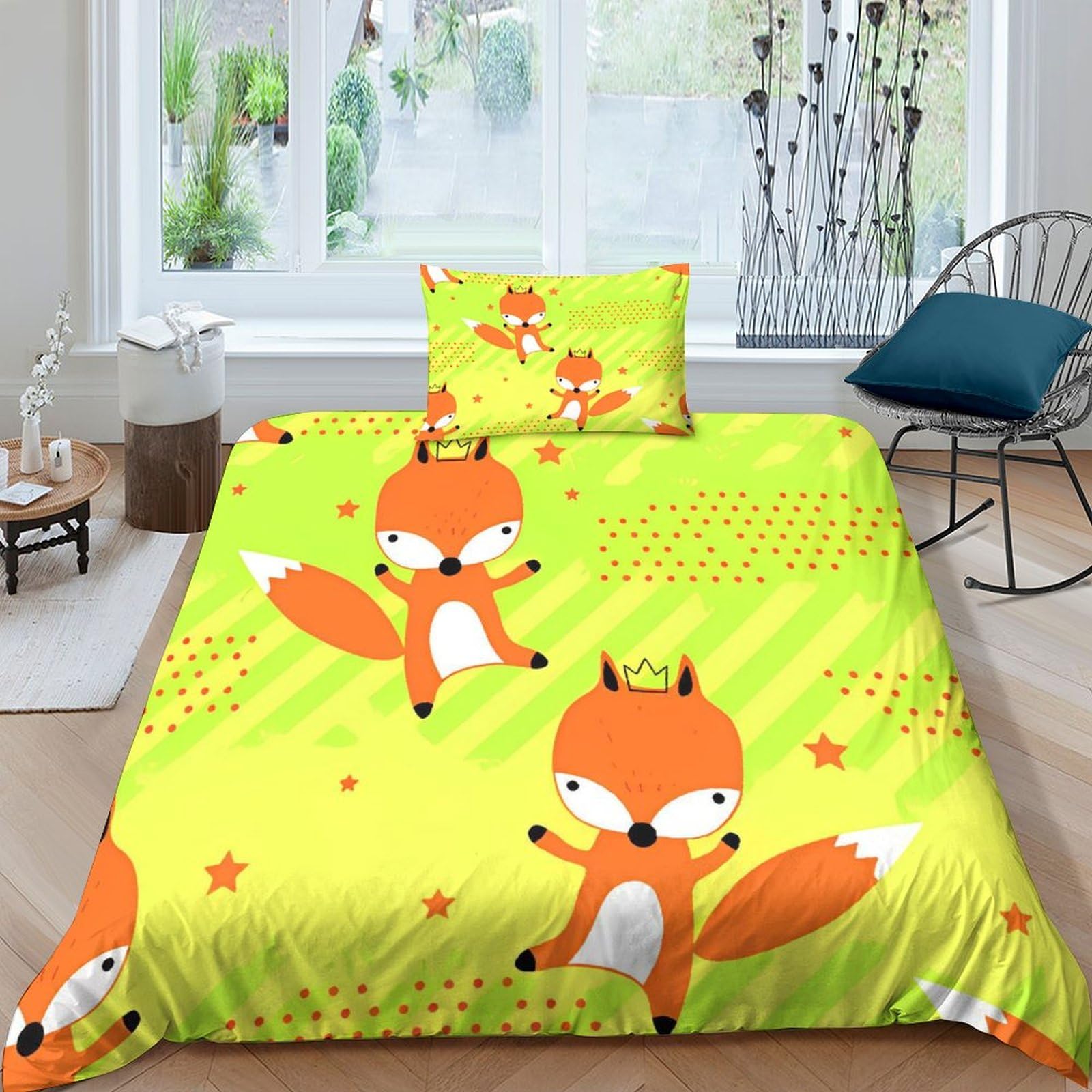 Housse de couette renard couronne 3D 135x200cm avec taie en microfibre pour lit simple