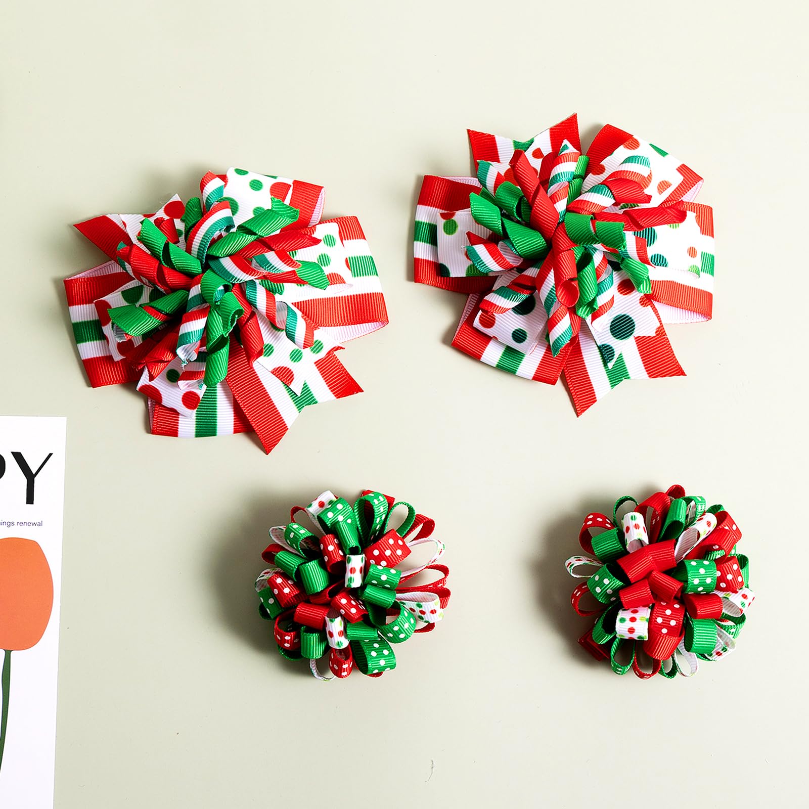 Christmas Hair Clips - Red White Green Bows -2 Christmas Hair Clips - Red White Green Bows -2