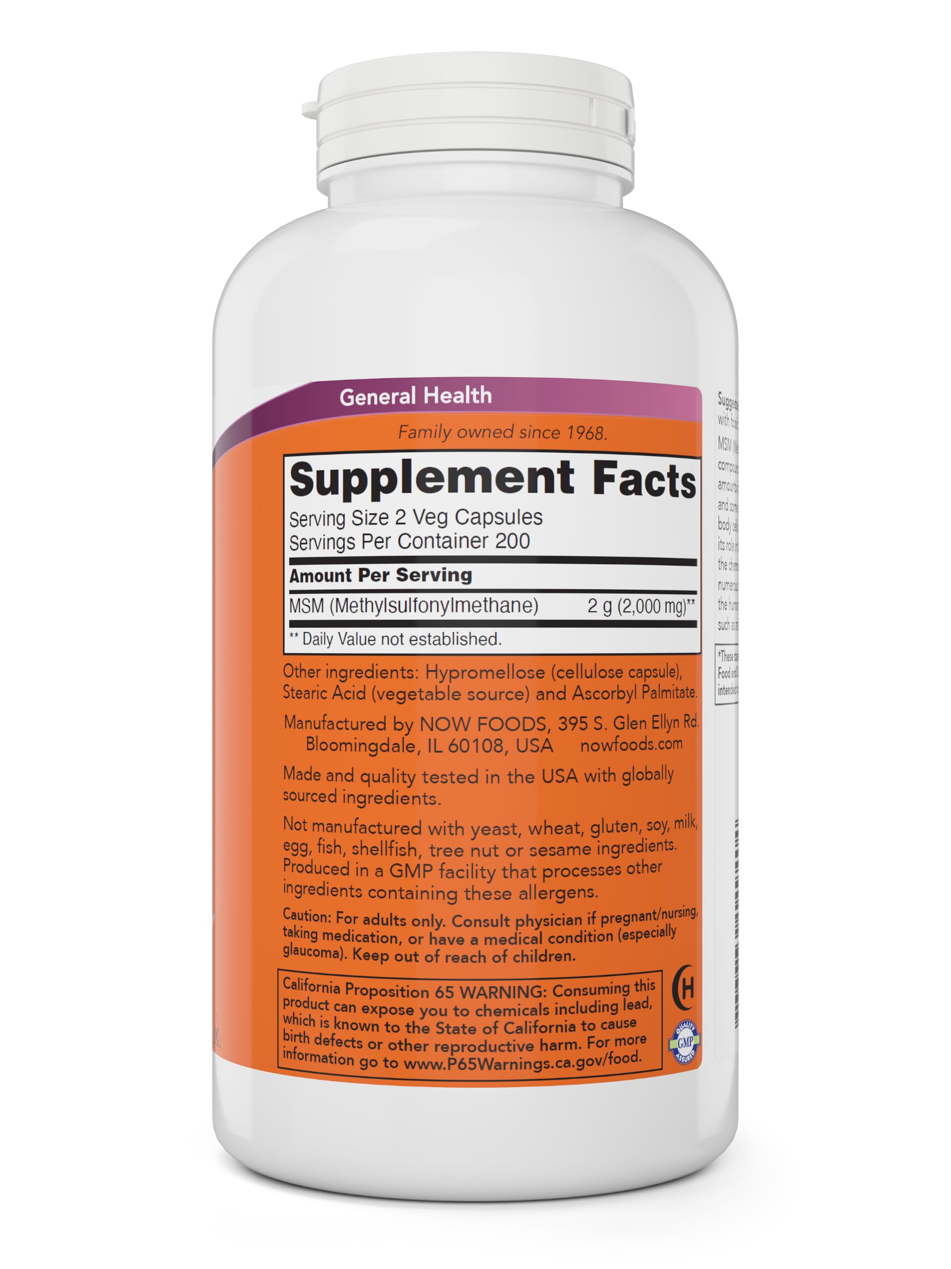 Now MSM 1000mg Veg Capsules, 400 Count Methyl-Sulphonyl-Methane, Made in USA, Sulfur Supplement, Non-GMO, Vegan Vegetarian Friendly — Amazon image 2