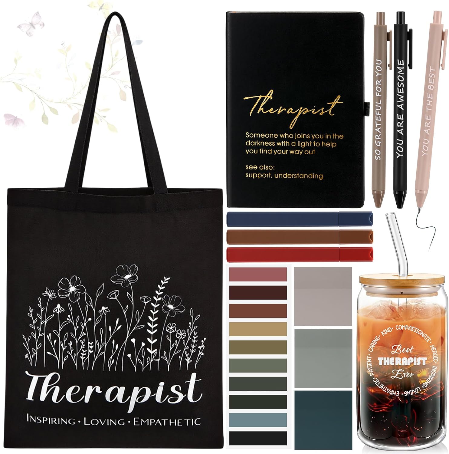 LemonRoad 11 Pcs Therapist Appreciation Gift Set Thank You Gifts for World Therapist Day 16 oz Straw Tumbler, Canvas Bag, Journal, Ballpoint Pen, Sticky Notes, Highlighter (Black)
