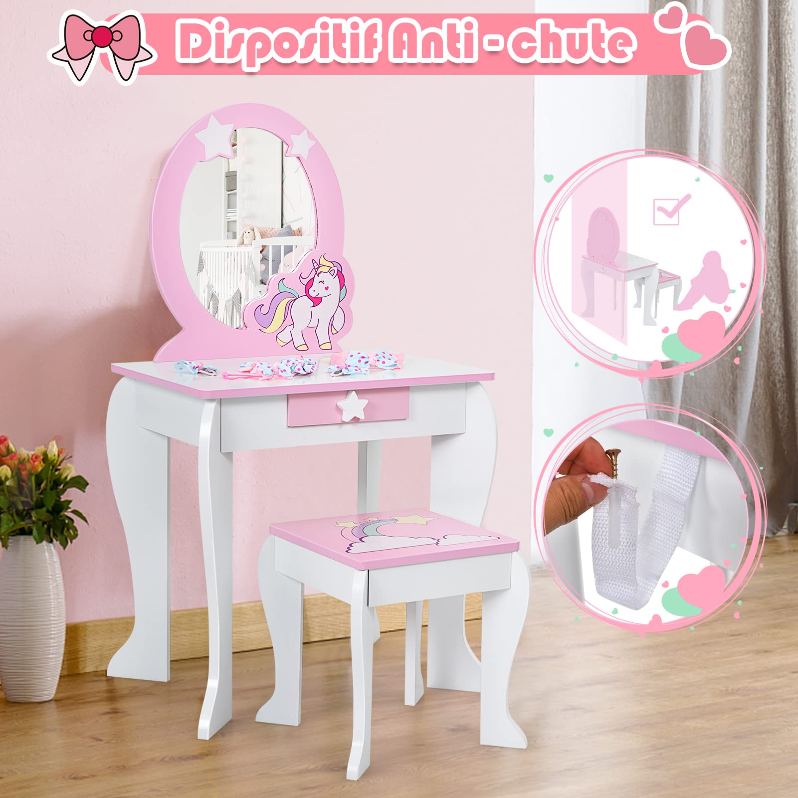LIFEZEAL Set Toeletta di Unicorno per Bambini con Sgabello e Specchio Rimovibili in Stile Principessa, Tavolo Cosmetico per Ragazzi in Legno, Tavolo da Trucco per Camera da Letto (rosa)