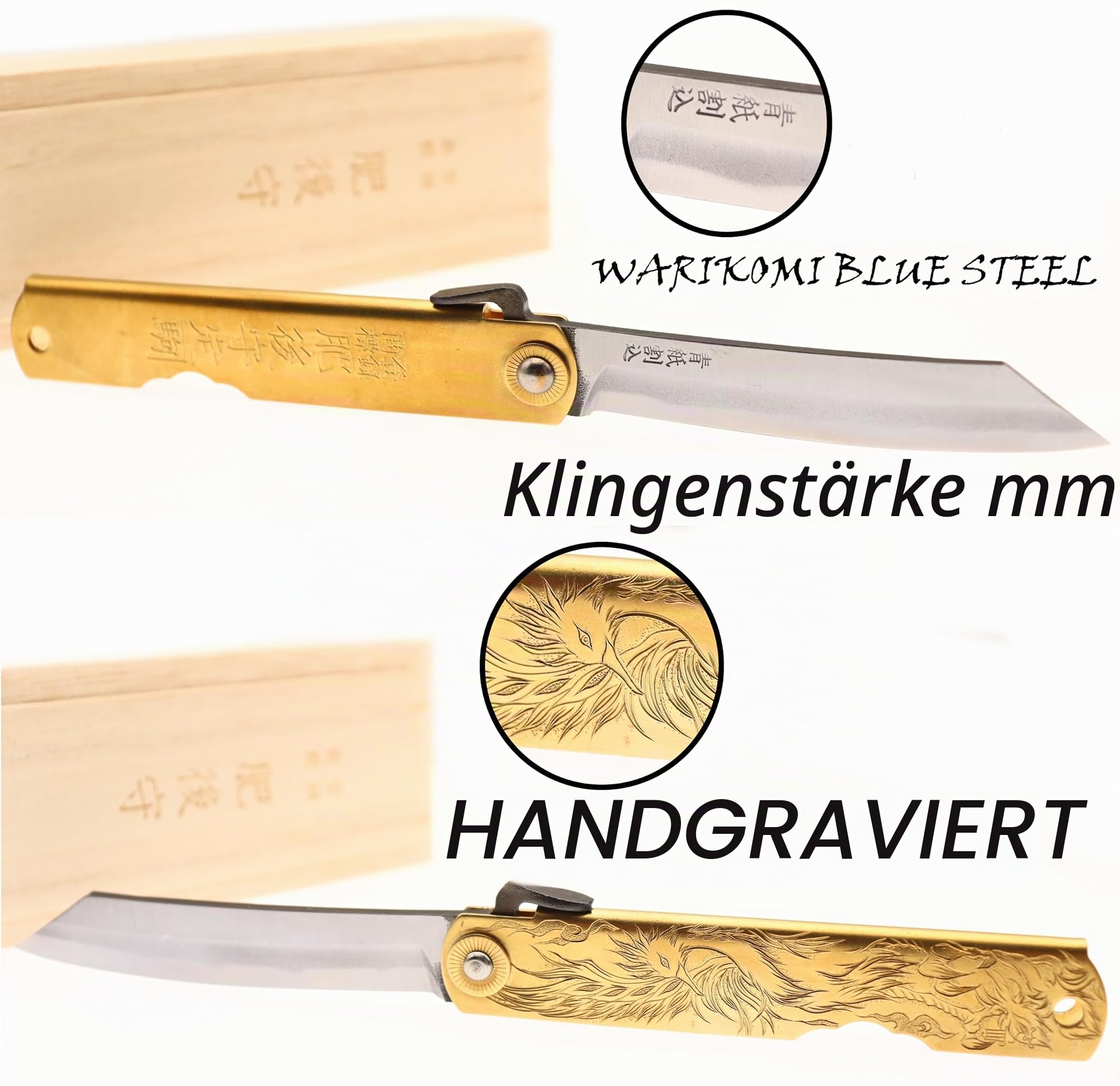 HIGO NO KAMI Klappmesser, Serie Holy Beasts von Nagao Kanekoma, Griff aus Graviertem Messing und Klinge aus Blauem Warikomi-Stahl mit Hohem Kohlenstoffgehalt, HRC 62–64 (Vermillion Bird)