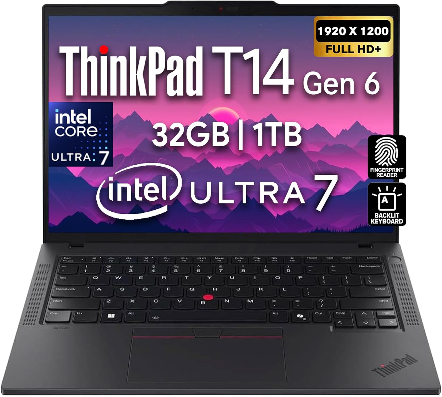 Lenovo ThinkPad T14 Gen 6, 14″ FHD+ Display, Intel Ultra 7 225U, 32GB DDR5 RAM, 1TB SSD PCIe, Fingerprint, Backlit Keyboard, WiFi 6E, RJ-45, FHD Webcam, Win 11 Pro, AI Business Laptop – Black