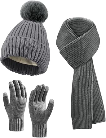 Winter Beanie Hat Scarf Gloves Set for Women, Fleece Knit Pompom Beanie Neck Warmer Long Scarf Touchscreen Gloves 3 in 1 Set