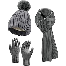 Winter Beanie Hat Scarf Gloves Set for Women, Fleece Knit Pompom Beanie Neck Warmer Long Scarf Touchscreen Gloves 3 in 1 Set