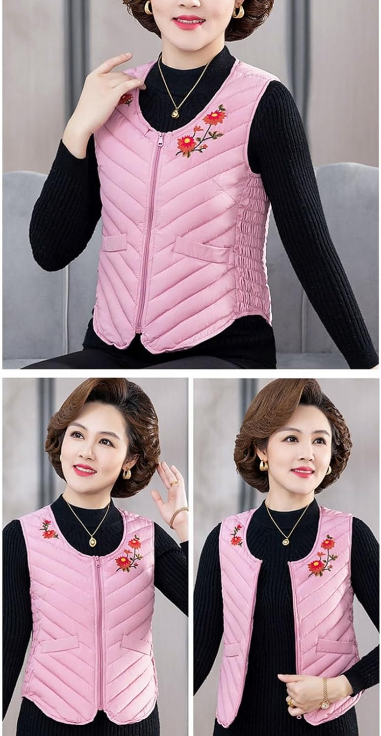 [Monotory] 刺繍 花柄 ダウンベスト 中綿ベスト レディース 春秋冬 着痩せ 細身 大きいサイズ ノースリーブ ノーカラー