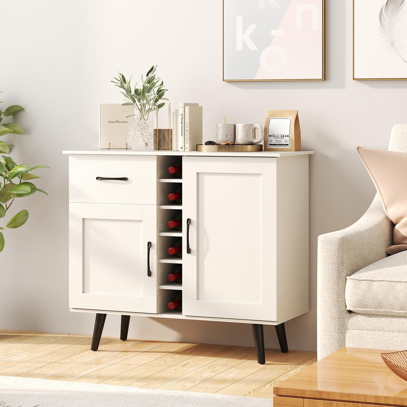 COSTWAY Credenza Buffett da Cucina con 6 Cubi Porta Bottiglie di Vino, Mobile da Cucina con Cassetto, 2 Ante e 2 Ripiani Regolabili, Armadio in Legno Salvaspazio per Soggiorno, 90 x 40 x 79 cm, Bianco