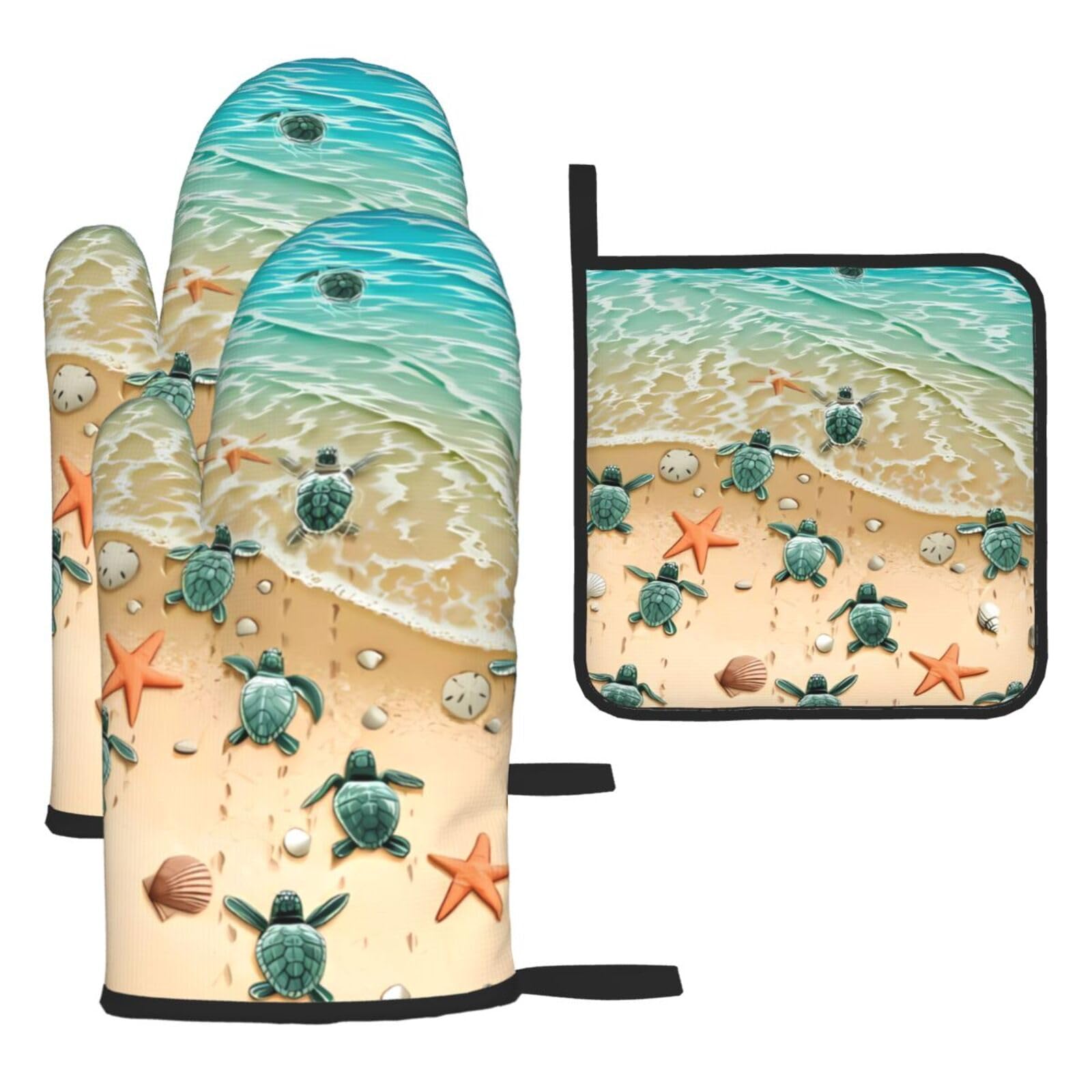 Turtle starfish 3 Piece Kitchen Oven Mitt Set Heat Resistant Gloves with Pot Holder Mat Polyester Printed for Cooking Baking BBQ Grill