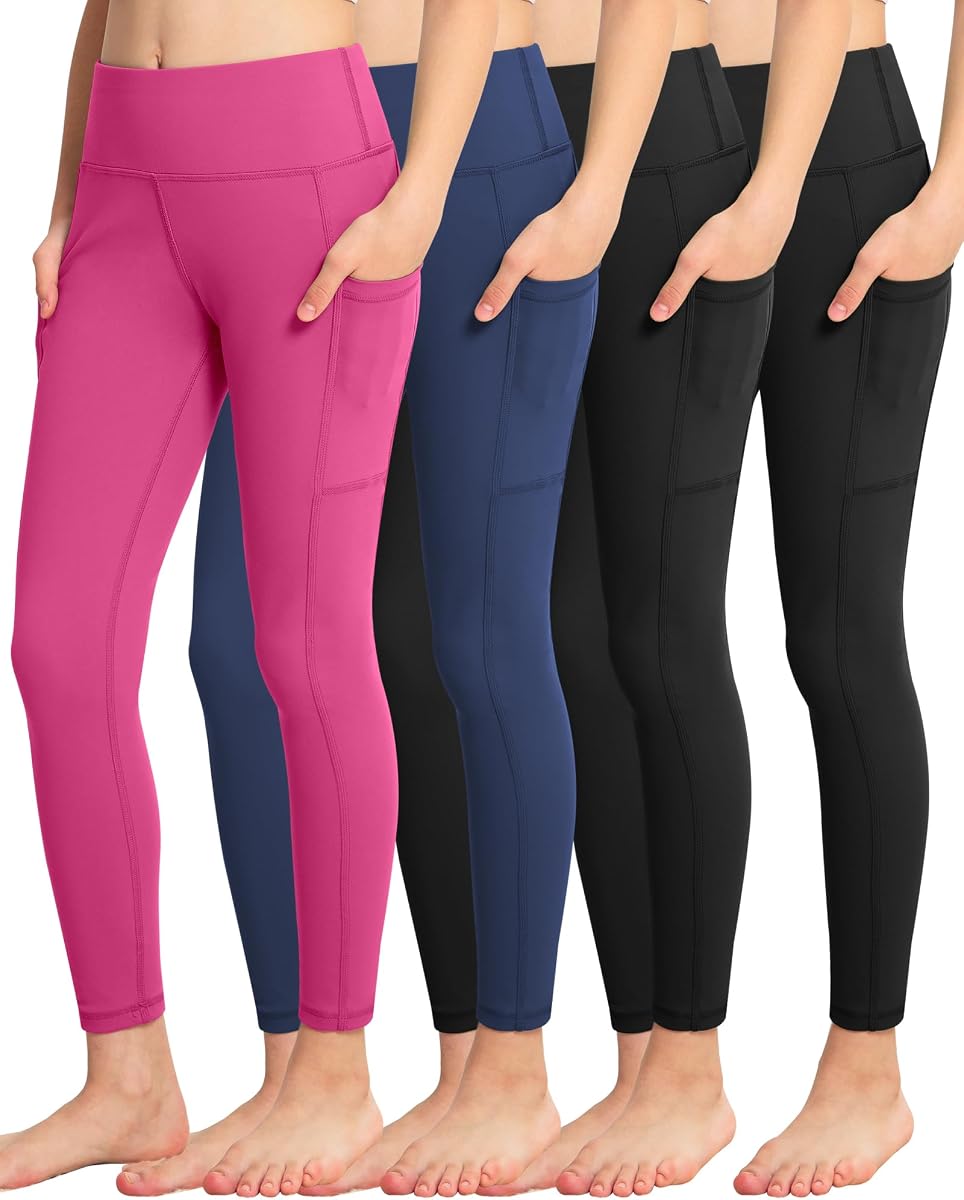 Leggings para niñas con bolsillos: pantalones de talle alto para yoga, entrenamiento, danza atlética, correr, 4 paquetes