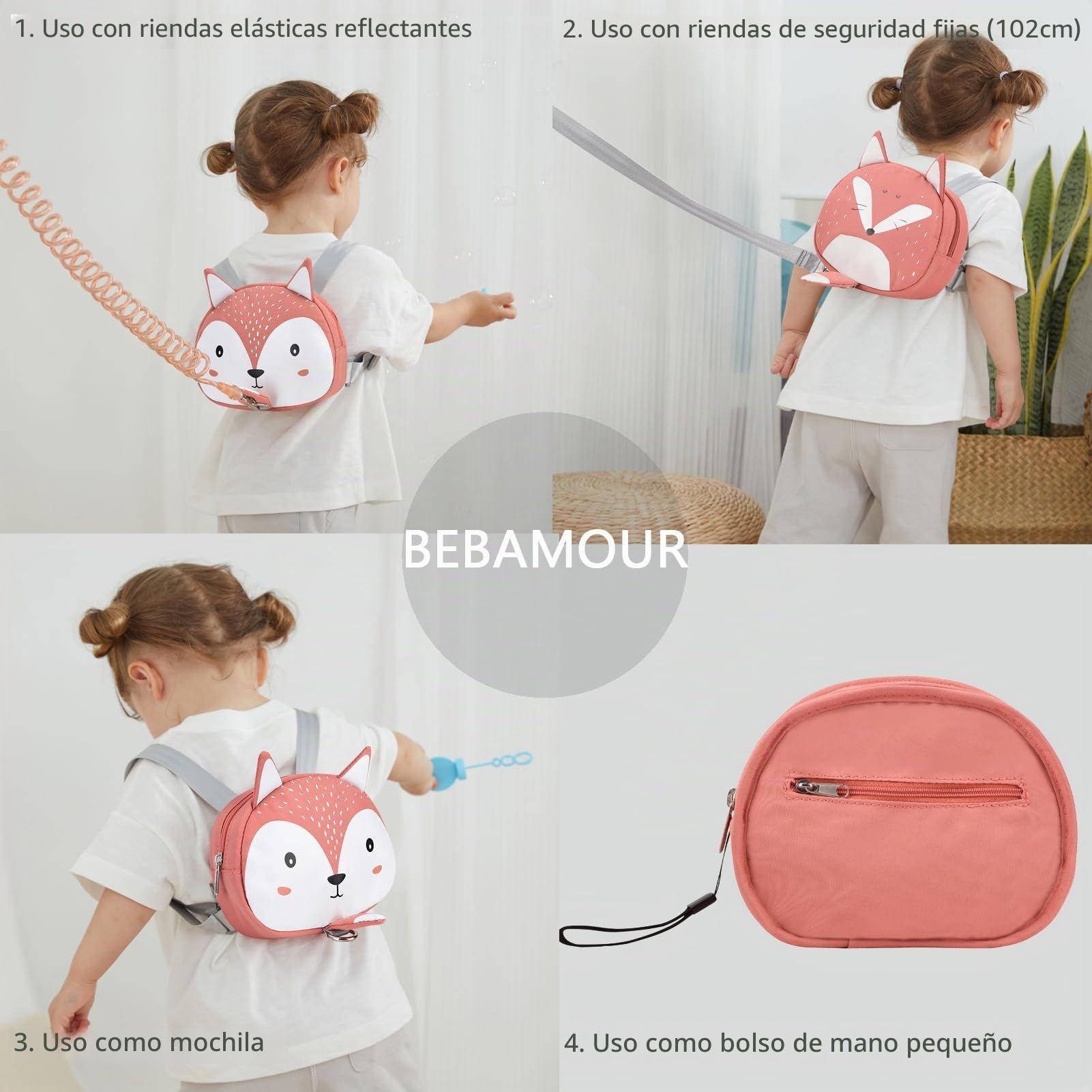 Bebamour Animal Mochila para niños pequeños con riendas de seguridad Mini bolsa con correa de seguridad para niños Mochila portátil Mochila con arnés de seguridad para niños y niñas,Orange Squirrel