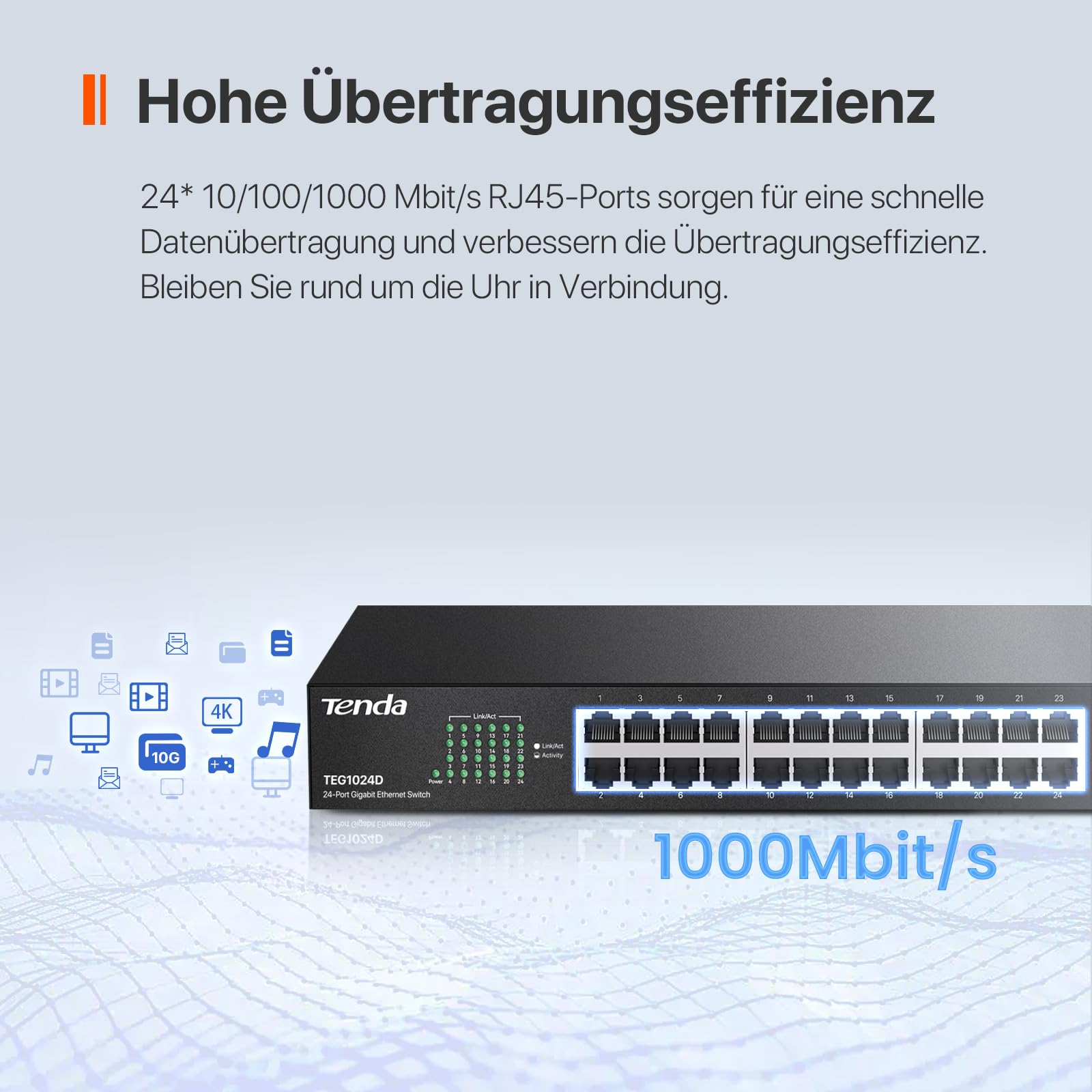 Tenda Gigabit Switch 24 Port Netzwerk Switch 19 Zoll Rackeinbau LAN Switch (Plug-and-Play Ethernet Switch, Lüfterlos, Unmanaged, Rack- / Wandmontage, Metallgehäuse, Schwarz) (TEG1024D)