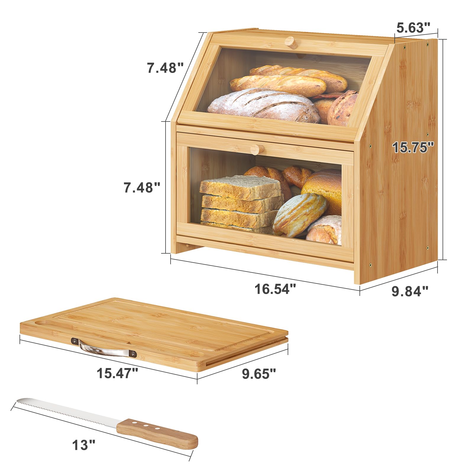 Vriccc Large Bread Box with Cutting Board, Bread Box for Kitchen Counter, Bamboo Wood Bread Box (Transparent Door Panel + CUTTING BOARD)