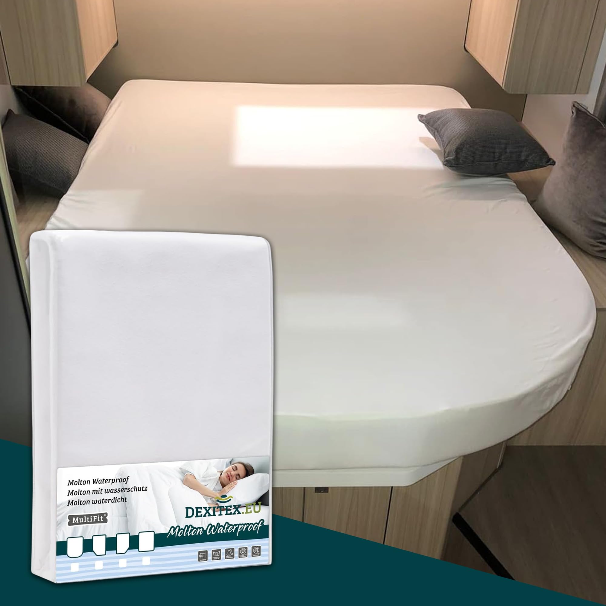 Molton Matratzenschoner mit Wasserschutz für Queensbett (150-160cm x 190-210cm) für Wohnmobil oder Wohnwagen - Queensbett Matratze -Oeko-TEX - Baumwolle, Weiß