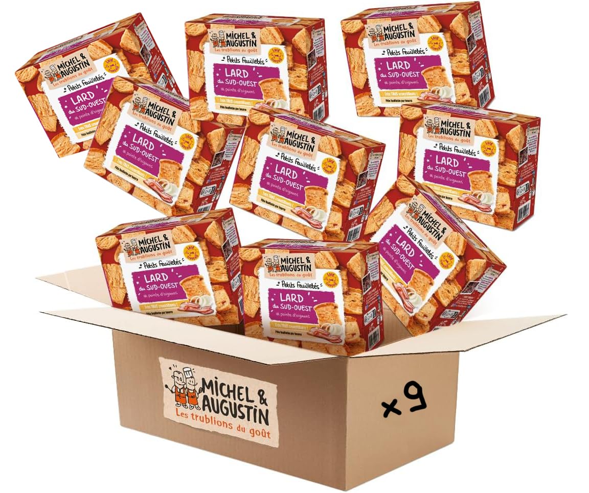 Michel & Augustin – Petits feuilletés au Lard du Sud-Ouest et pointe d’oignons – Pâte feuilletée pur beurre – Biscuit apéritif croustillant 80g x 9