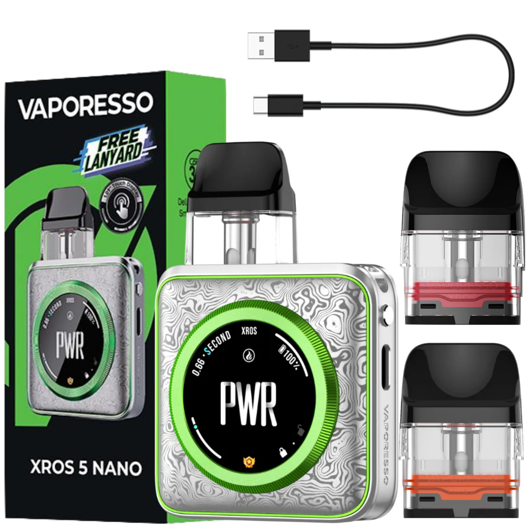 Vaporesso Xros 5 Nano Vape Kit (Damascus Silver) Available in 8 Colours, 1600mAh Battery, 2A Fast Charge Type-C 30W, 1.09" Touchscreen, Airflow Control, Compatible With All Xros Pods - No Nicotine