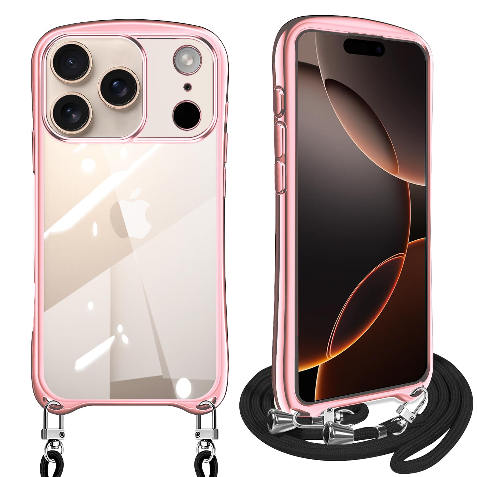 iPhone 17 Pro Max 用 ケース ショルダー クリア アイフォン17 Pro Max カバー スマホケース 耐衝撃 透明 TPU ストラップ付き 肩掛け 首掛け 紐付き 斜めがけ 取り外し可能 長さ調整可能(ローズゴールド)