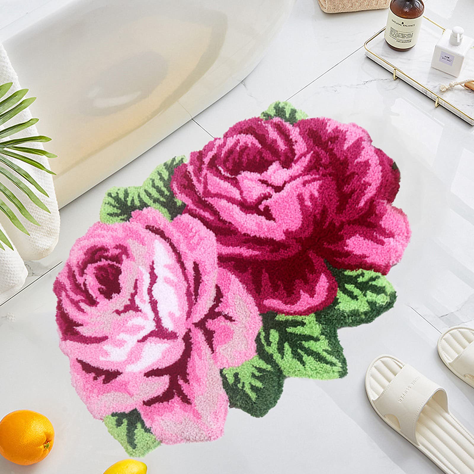 UKELER Pink Rose Bath Rugs for Bathroom Non Slip Absorbent Kitchen Rug Shaggy Soft Flower Area Rugs for Girls Bedroom 27.5''x23.6''