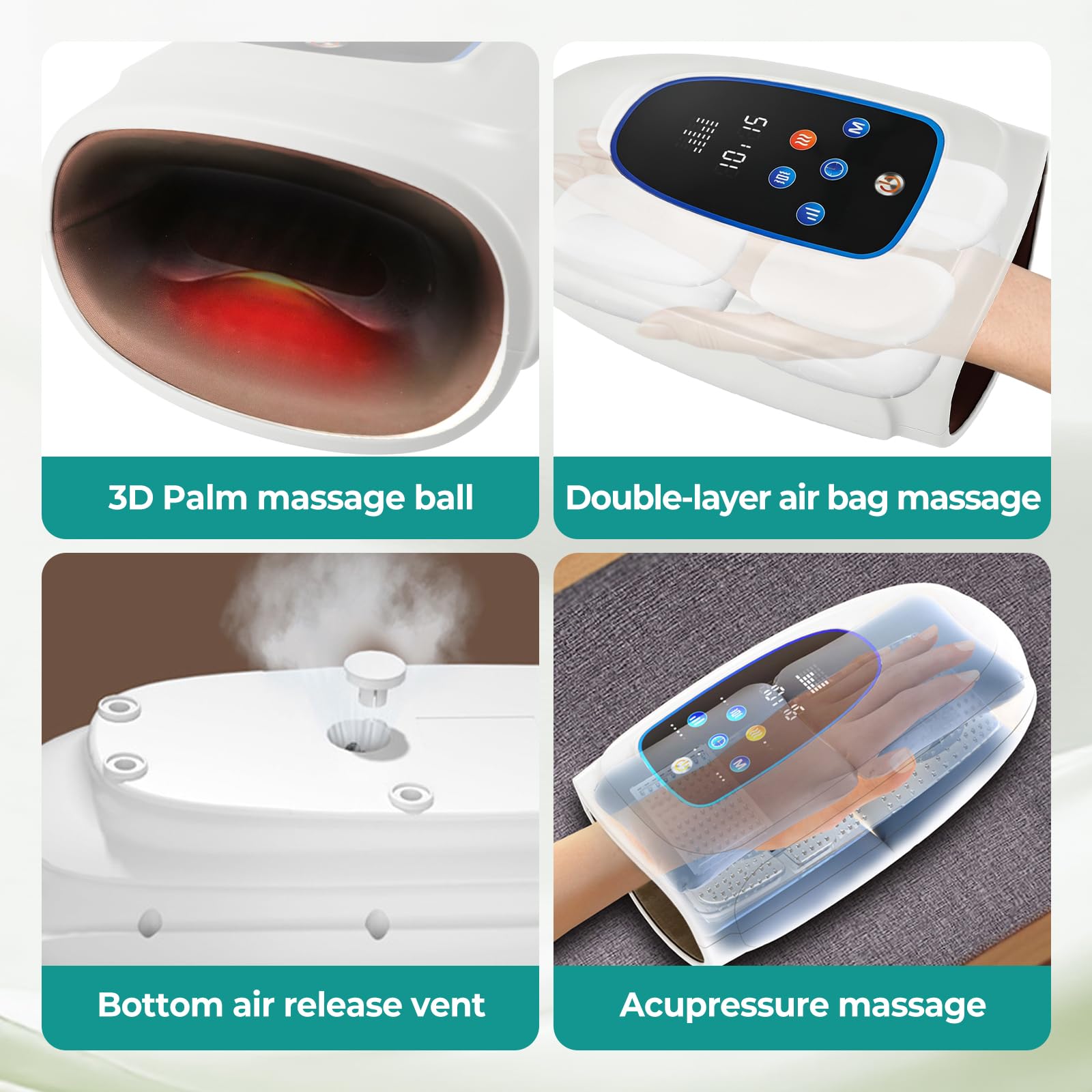 Massaggiatore elettrico a mano con calore e compressione, 3 modalità 5 livelli massaggiatore manuale senza fili, massaggio riscaldato da polso con palmo delle mani, funzionamento touchscreen, timer