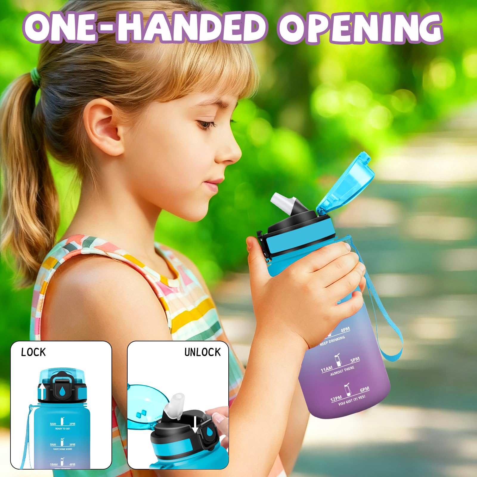 Grsta Borraccia- 0,5 litri- Borraccia Bambini, Bottiglia con Cannuccia, Senza Perdite, Borraccie Motivazionale, Facile da Pulire, Borracce con Chiusura di Sicurezza, per Scuole, Corsa, Viaggio
