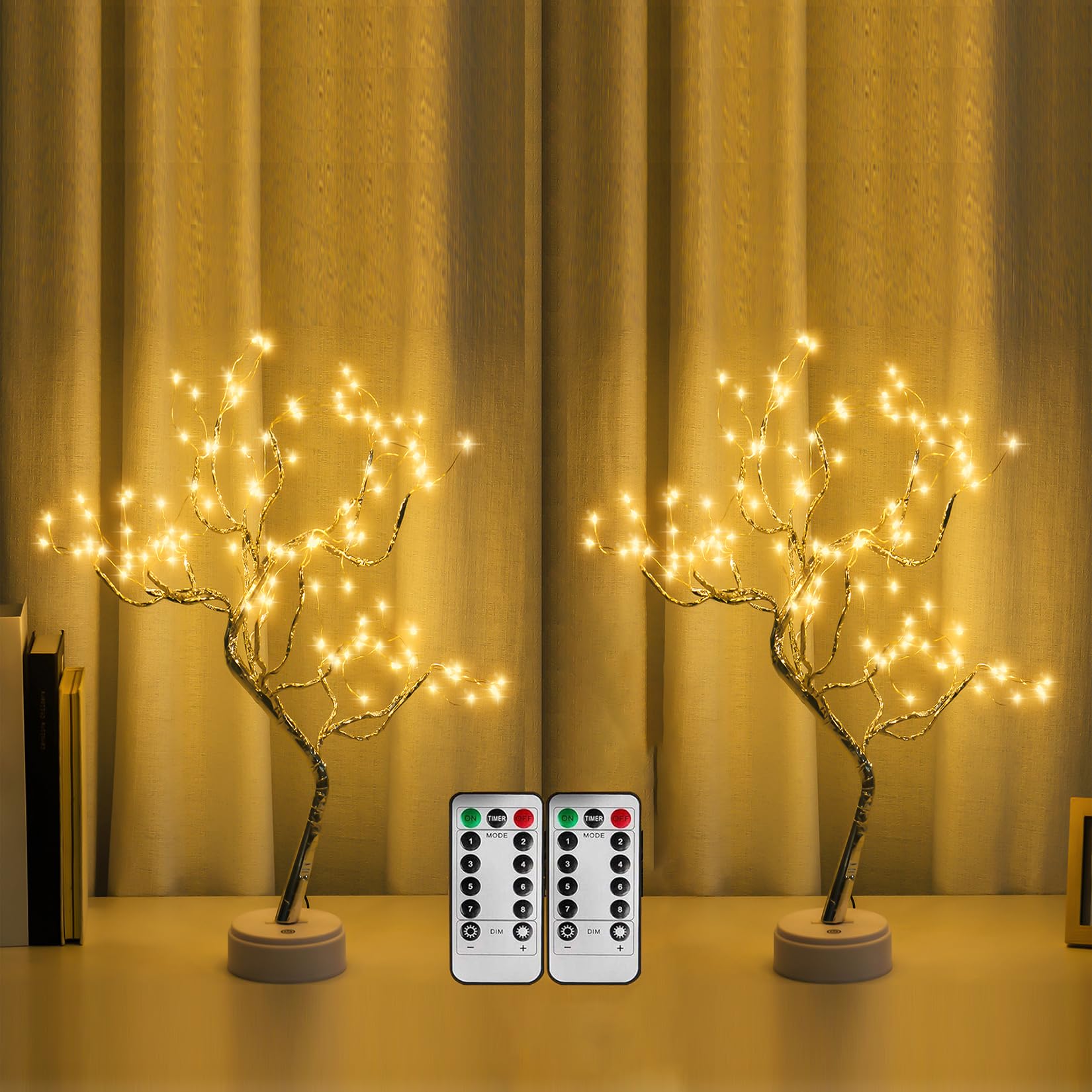 Confezione da 2 lampade a 108 LED scintillanti per albero delle fate con telecomando, lampada artificiale fai da te, 8 modalità USB/batteria, da tavolo, bonsai, per camera da letto, scrivania