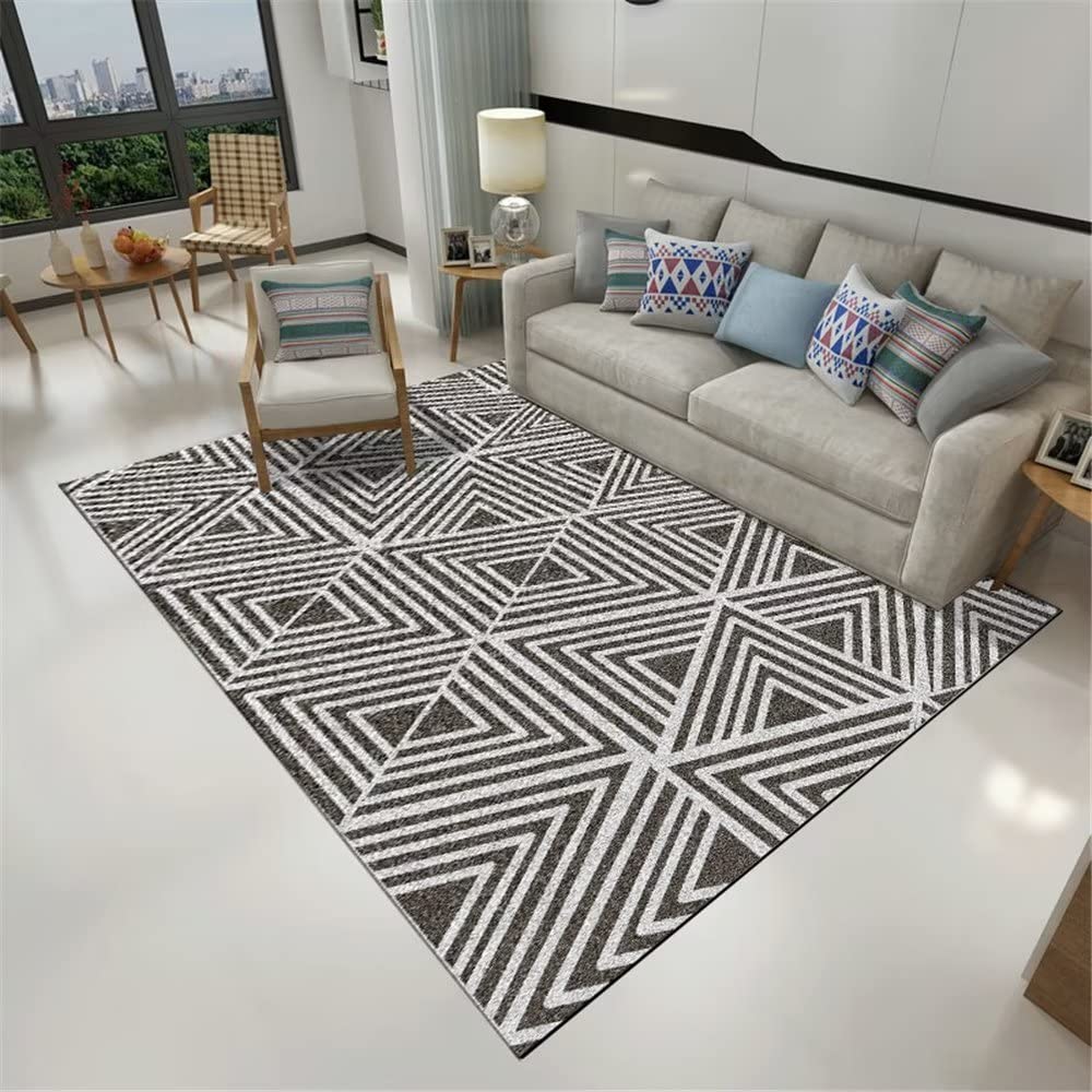 Tapis doux motif géométrique rayé gris pour couloir et salon