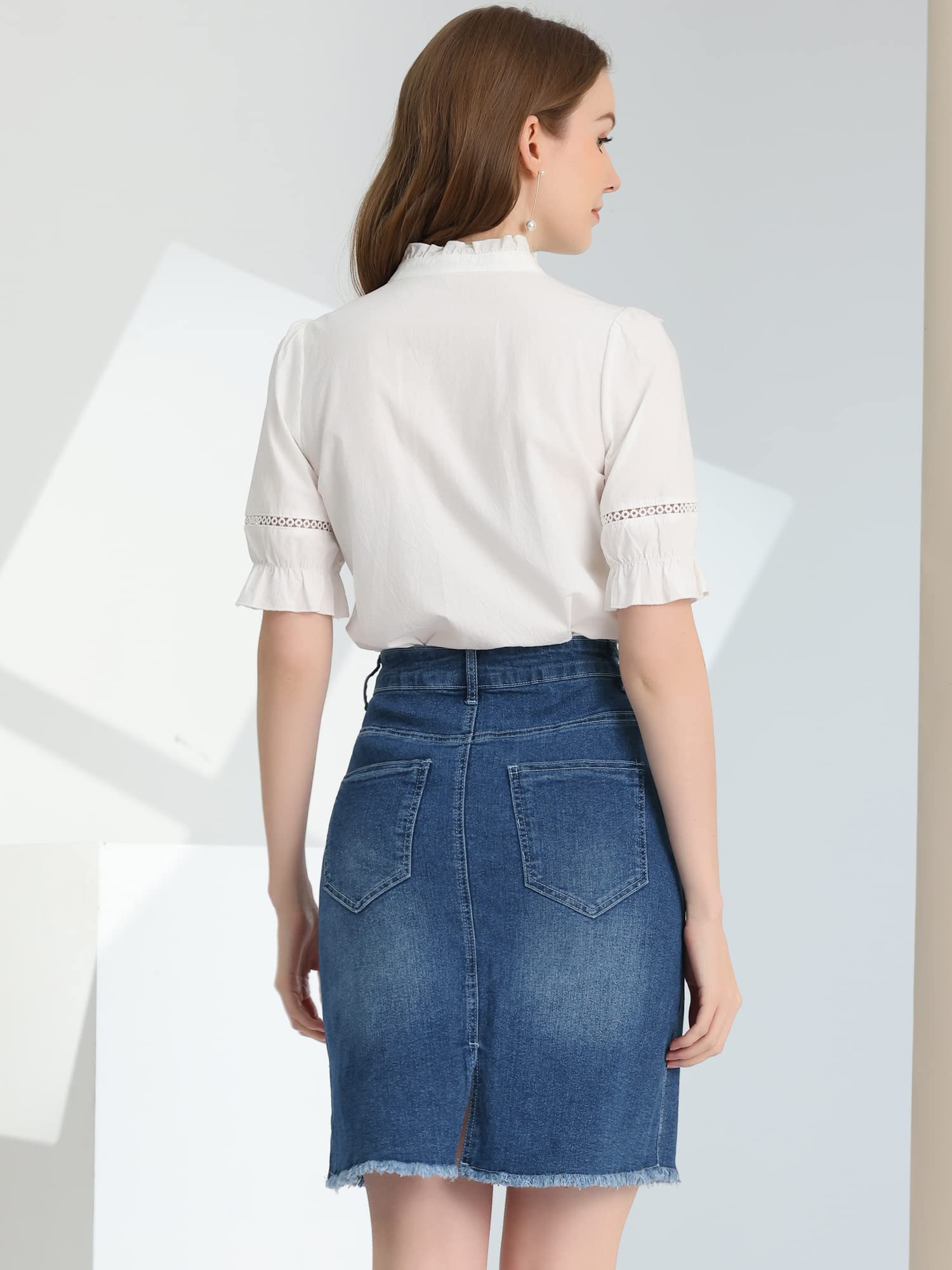 Allegra K Jupe en jean délavé taille haute avec ourlet déchiré pour femme, bleu vintage, Taille S