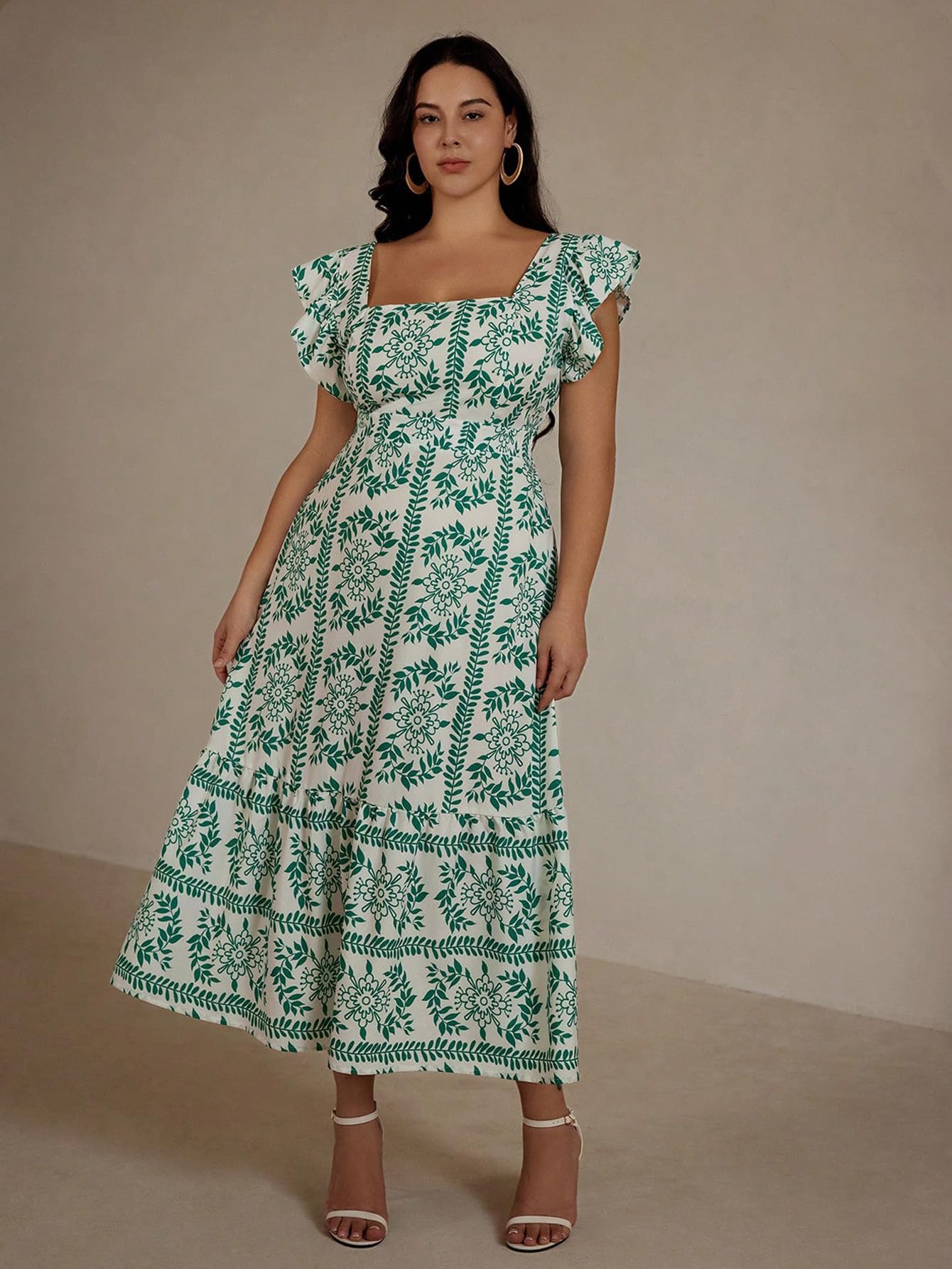 Shasmi Girl's & Women's White And Green Boho Random Print Casual Vacation Ruffled Square Neck Short Sleeve Summer Dresses With All Over Print Maxi, Dress For Women Elegant (Dress 229 Green-2Xl)