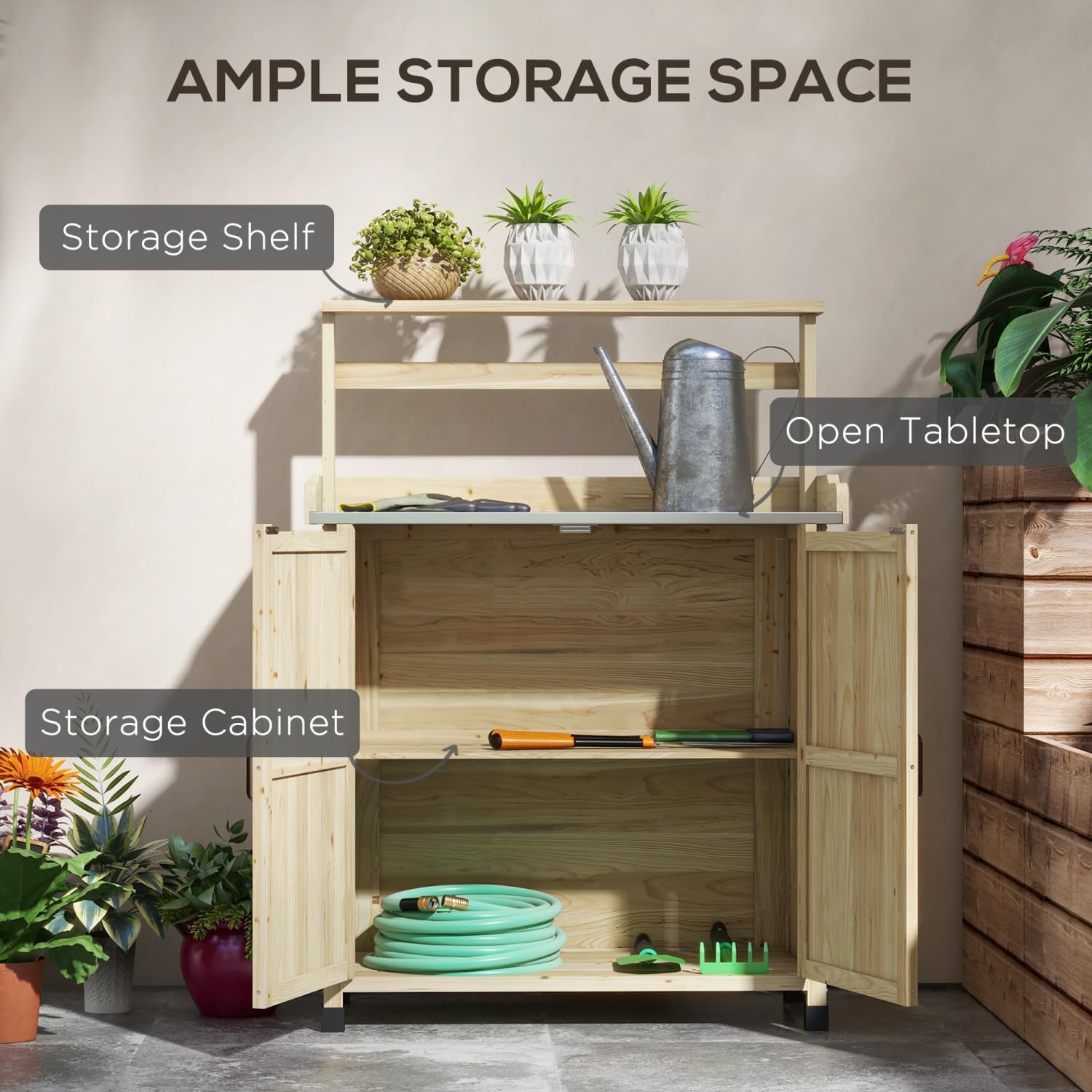 Outdoor Wooden Potting Bench with Storage Cabinet - Garden Workstation for Backyard & Balcony