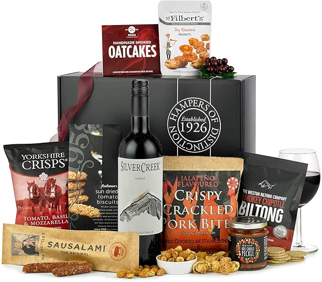 Thornton & France Savoury Gift Box Luxury Christmas Food Hamper With Red Wine | Silver Creek Shiraz Red Wine | Ideal For Sharing | 9 Delicious Items