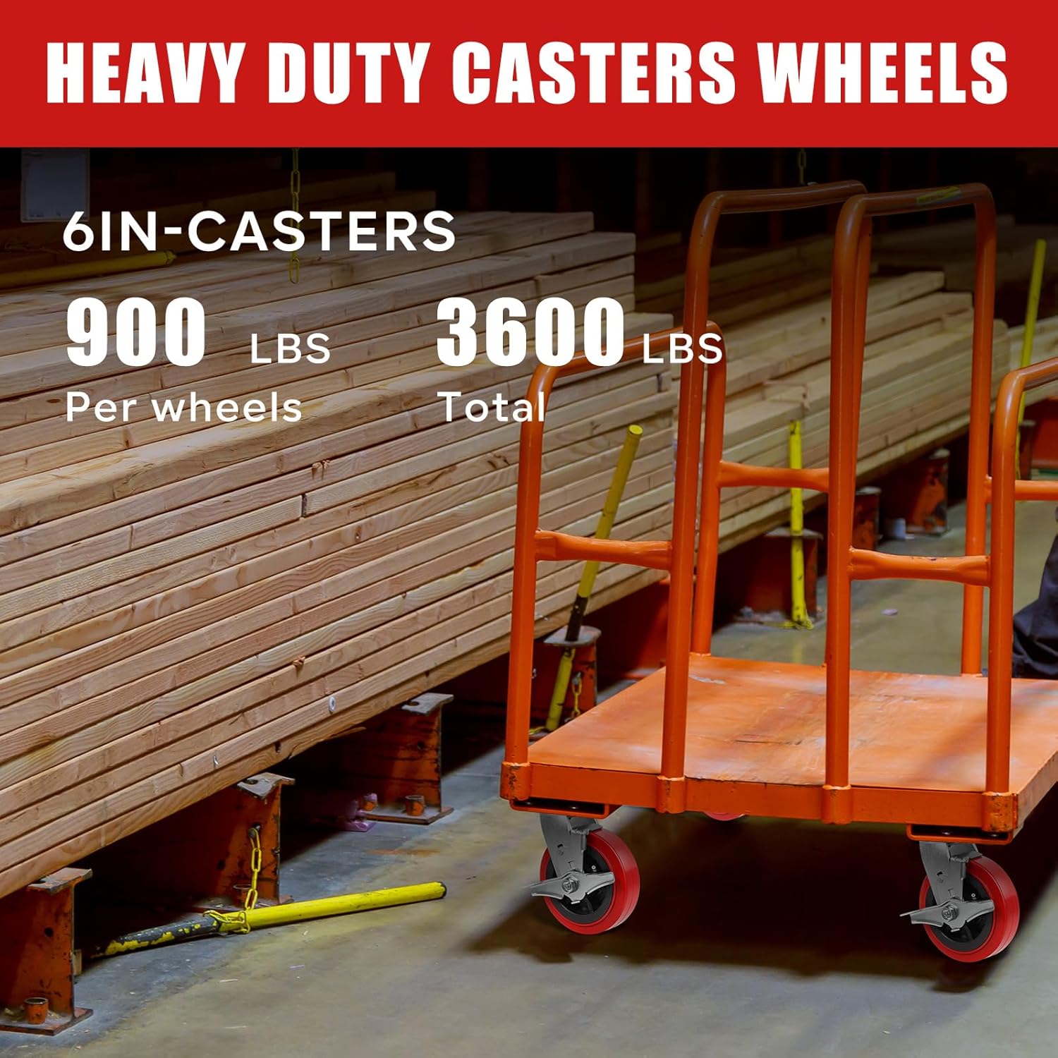 6"×2" Heavy Duty Casters Set of 4, Industrial Polyurethane Casters,Load Capacity 3600lbs, Caster Wheels for Schools, Laboratories(2 Brake & 2 Rigid)