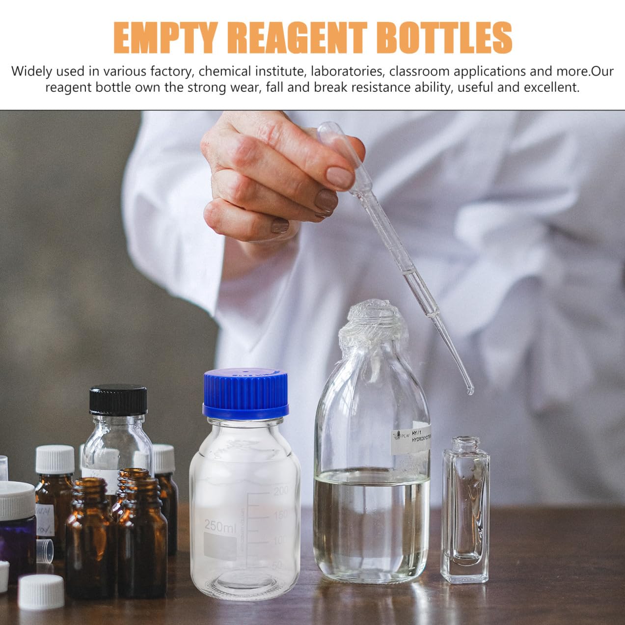Bottiglie di Reagente in Vetro da 250ml Set da 4 Resistenti a Rotture con Tappo a Vite Blu e Multiuso per Laboratorio Chimico o Fabbrica