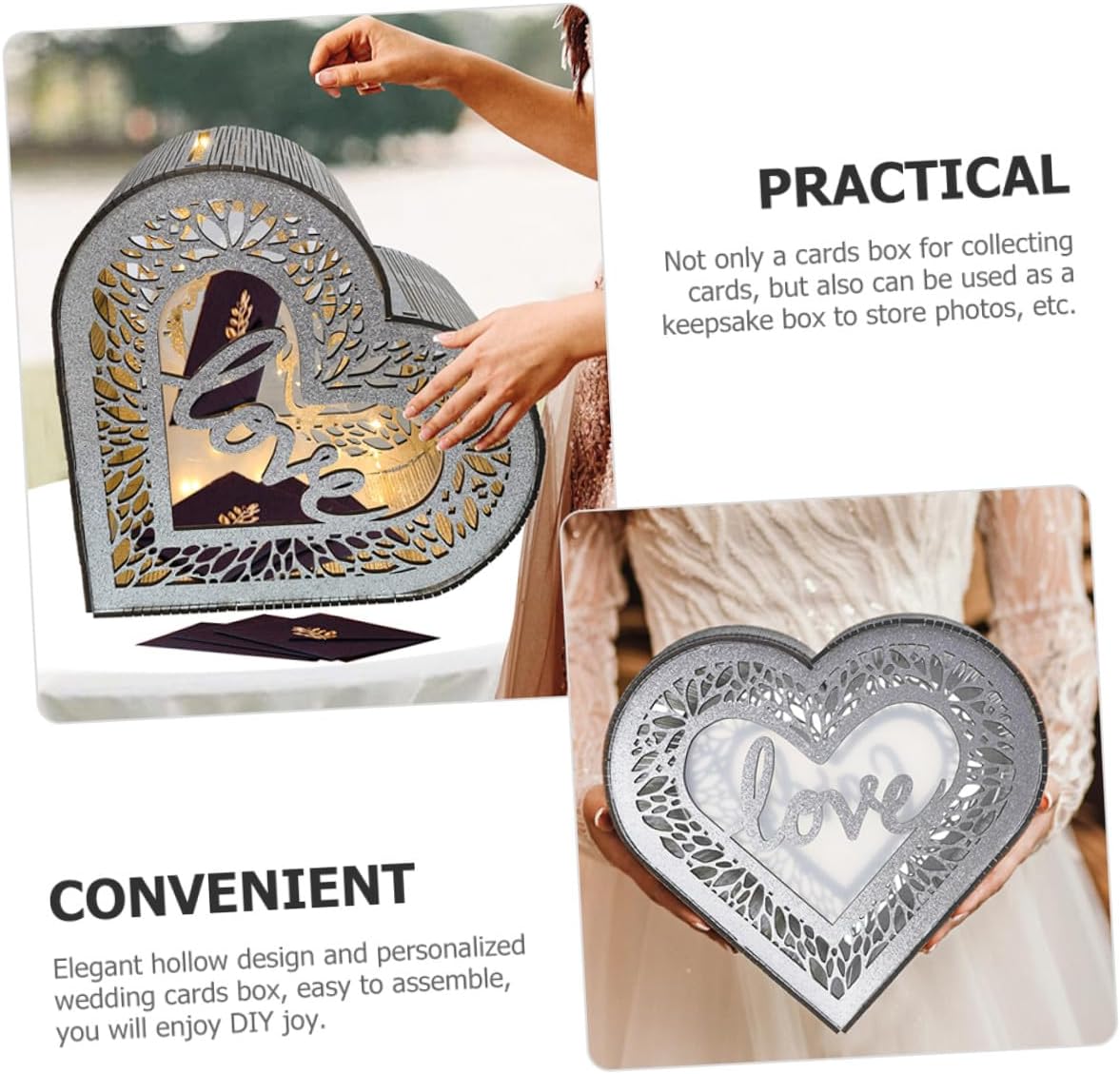 Mikikit Wood Hollow Heart-shaped Wedding Card Box Wooden Portable Card Container for Wedding Reception Anniversary and Graduation Blessing Collection