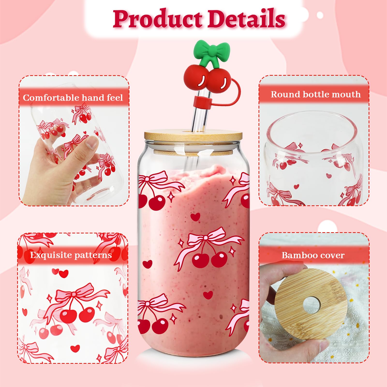 Mason Life Glass Cups with Lids and Straws, Pink Cherry Iced Coffee Cup,Decorative Cherry Design - Image 3