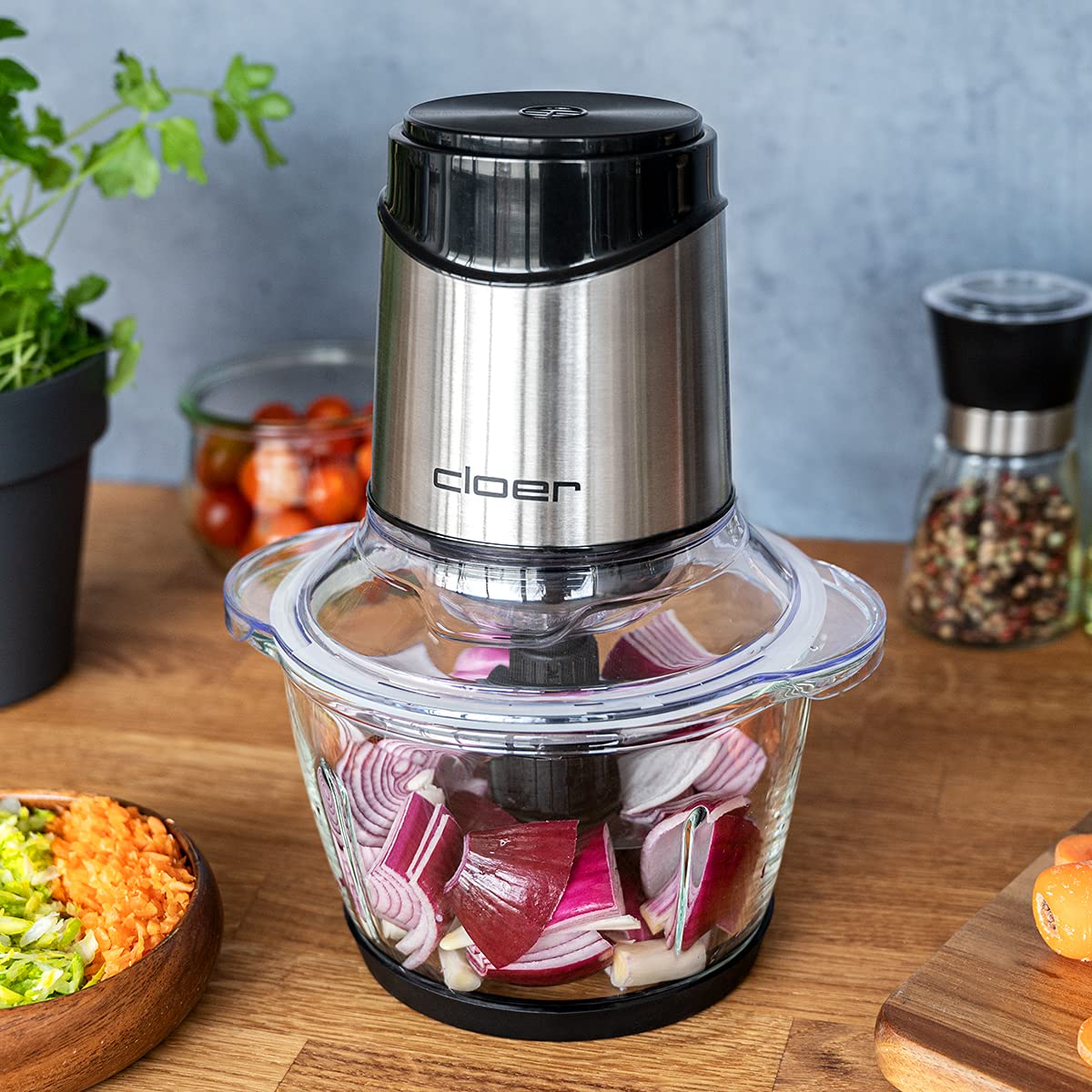 Cloer 6829 Multi Picadora Eléctrica, Cuchilla de Acero Inoxidable de 6 Cuchillas, para Picar y Mezclar Frutas, Verduras, Nueces, Carne, Aderezos y Salsas, 400 Vatios