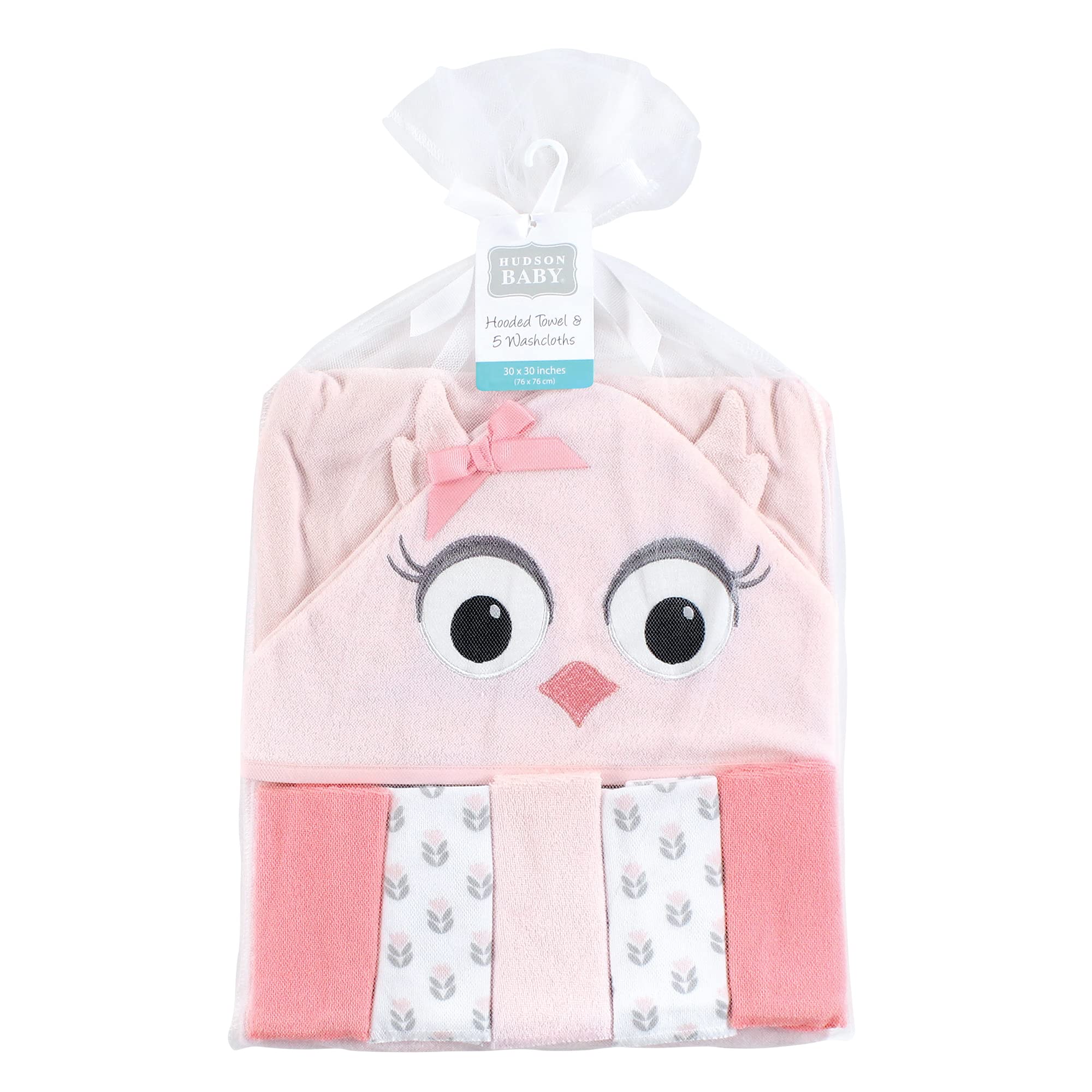 Hudson Baby Unisex Baby Hooded Towel and Five Washcloths, Pink Owl, One Size