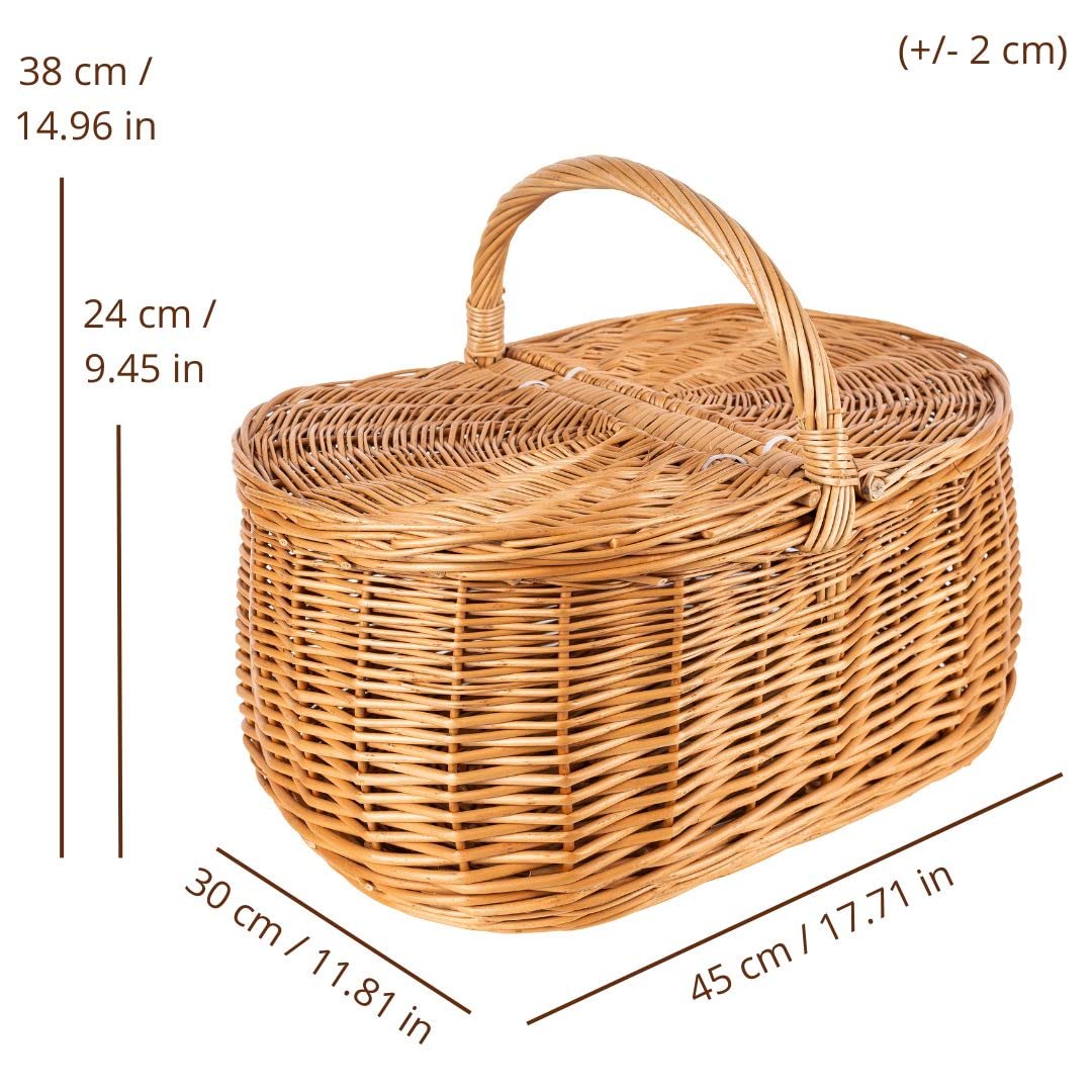 Creative Home Cesta de Mimbre Grande con Asa y Tapa Picnic | 45 x 30 x 38cm (+/- 2cm) Ligera | para Compra Regalo Plantas Decoración | Tejida a Mano | Marrón Natural | Multiuso, Práctica y Duradera
